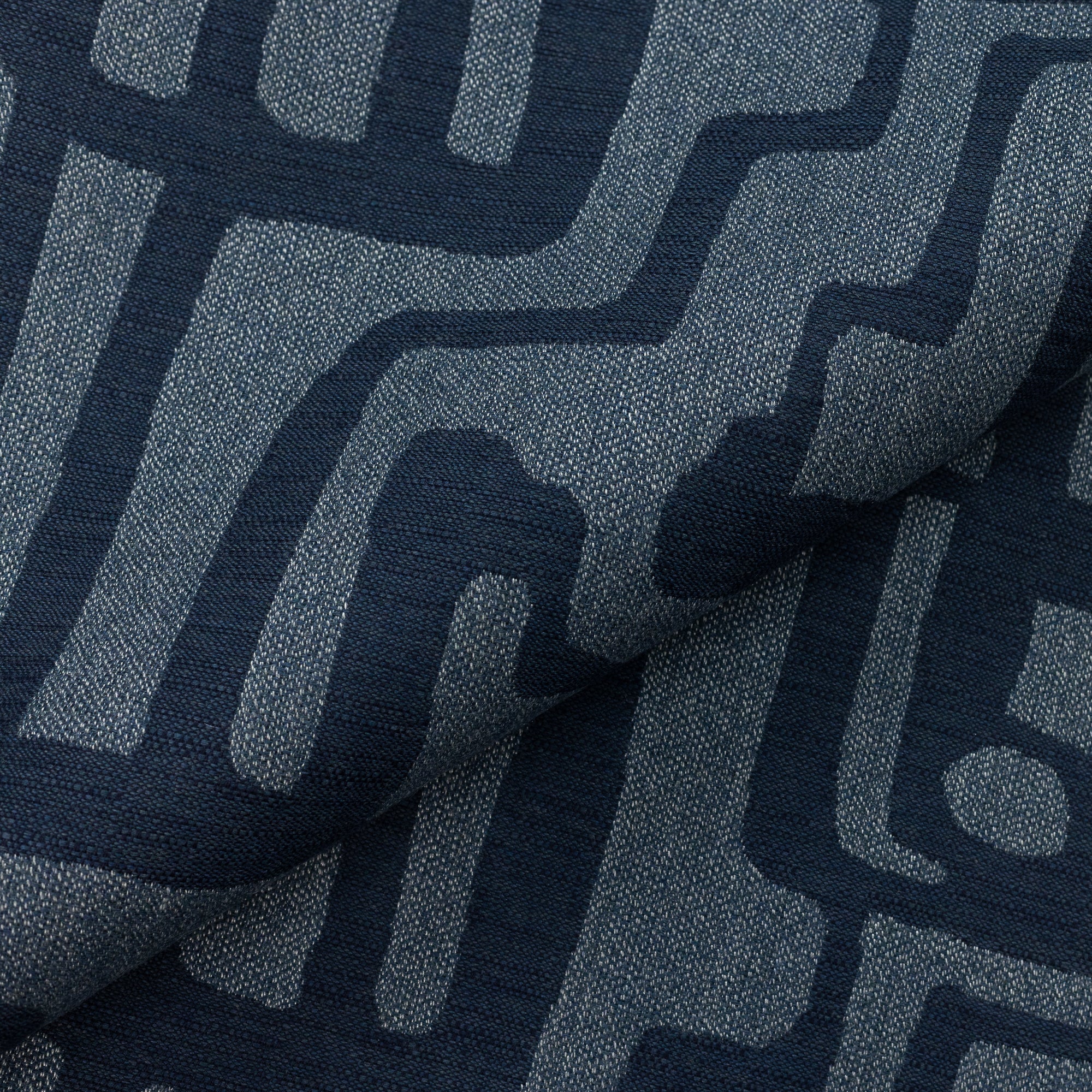 Close shot texture image of Sophisticated outdoor-safe fabric with geometric indigo design - Noble Indigo performance textile by Elaine Smith