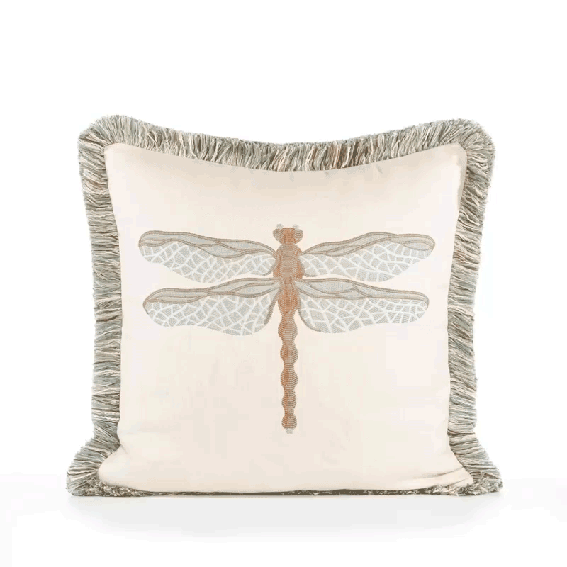 360 video of Ivory outdoor pillow with dragonfly motif, square size for nature-inspired outdoor decor