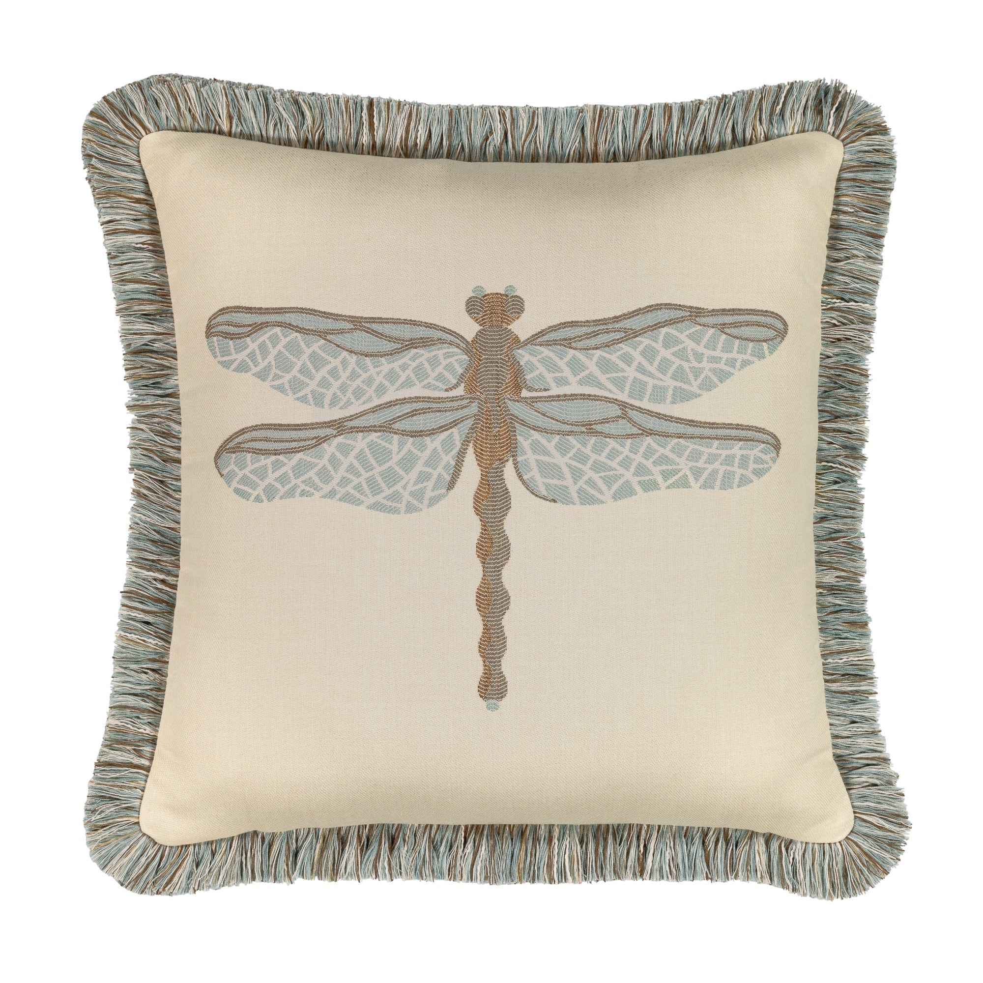 Ivory outdoor pillow with dragonfly motif, square size for nature-inspired outdoor decor