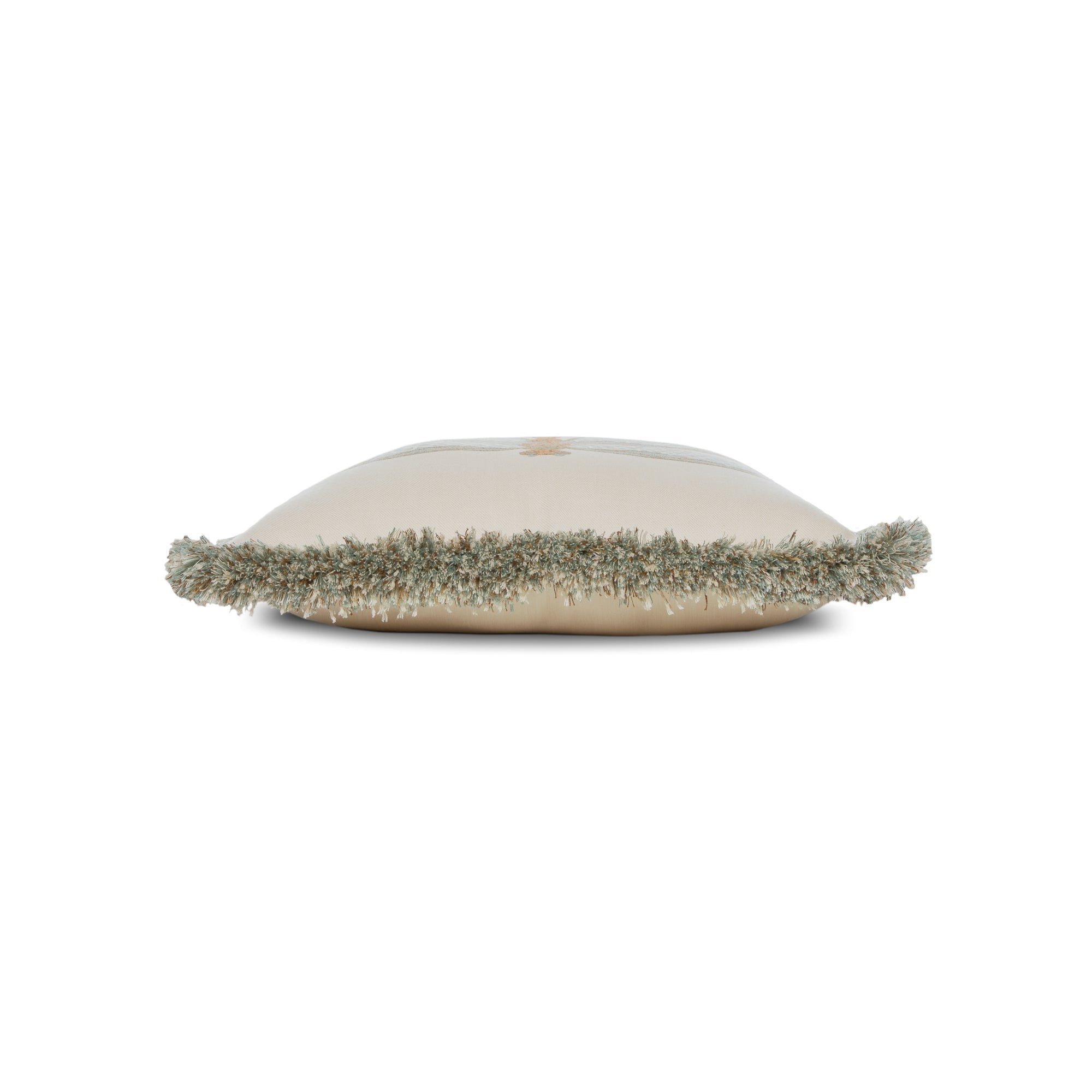Side image of Ivory outdoor pillow with dragonfly motif, square size for nature-inspired outdoor decor