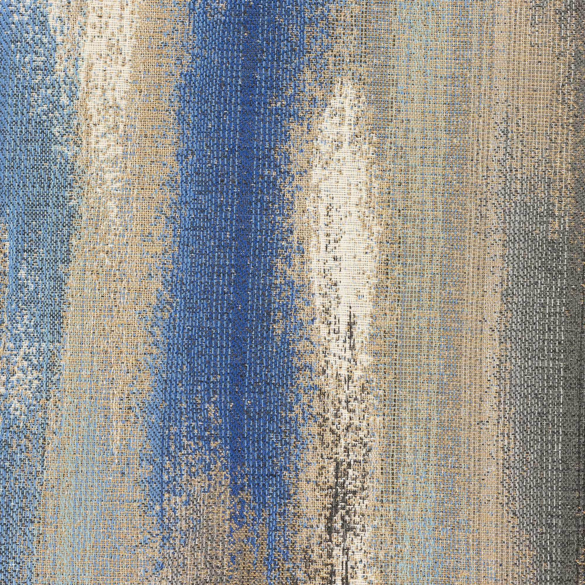 Detail image of Outdoor safe woven fabric featuring Mediterranean-inspired painterly blue and tan textures - Elaine Smith