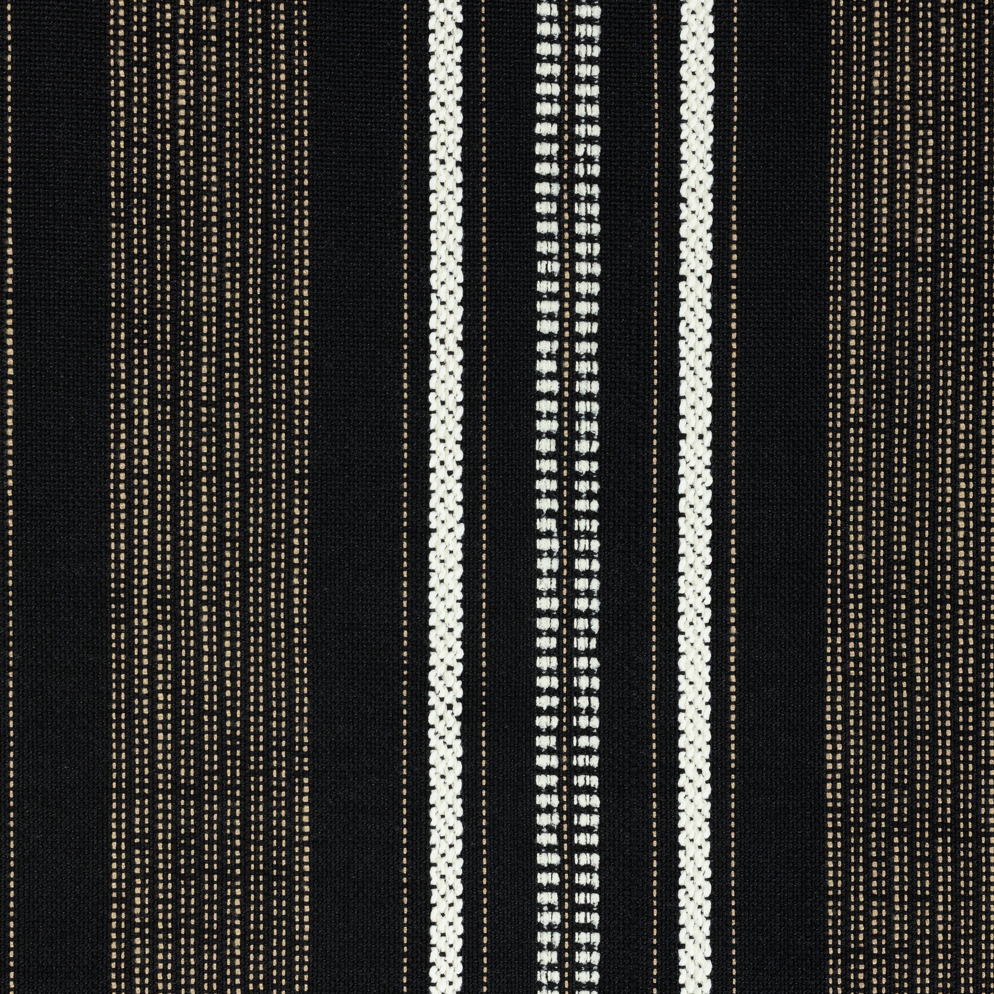 Detail image of Linear black and tan outdoor safe woven fabric with pathway stripe design – Pathway Ebony by Elaine Smith