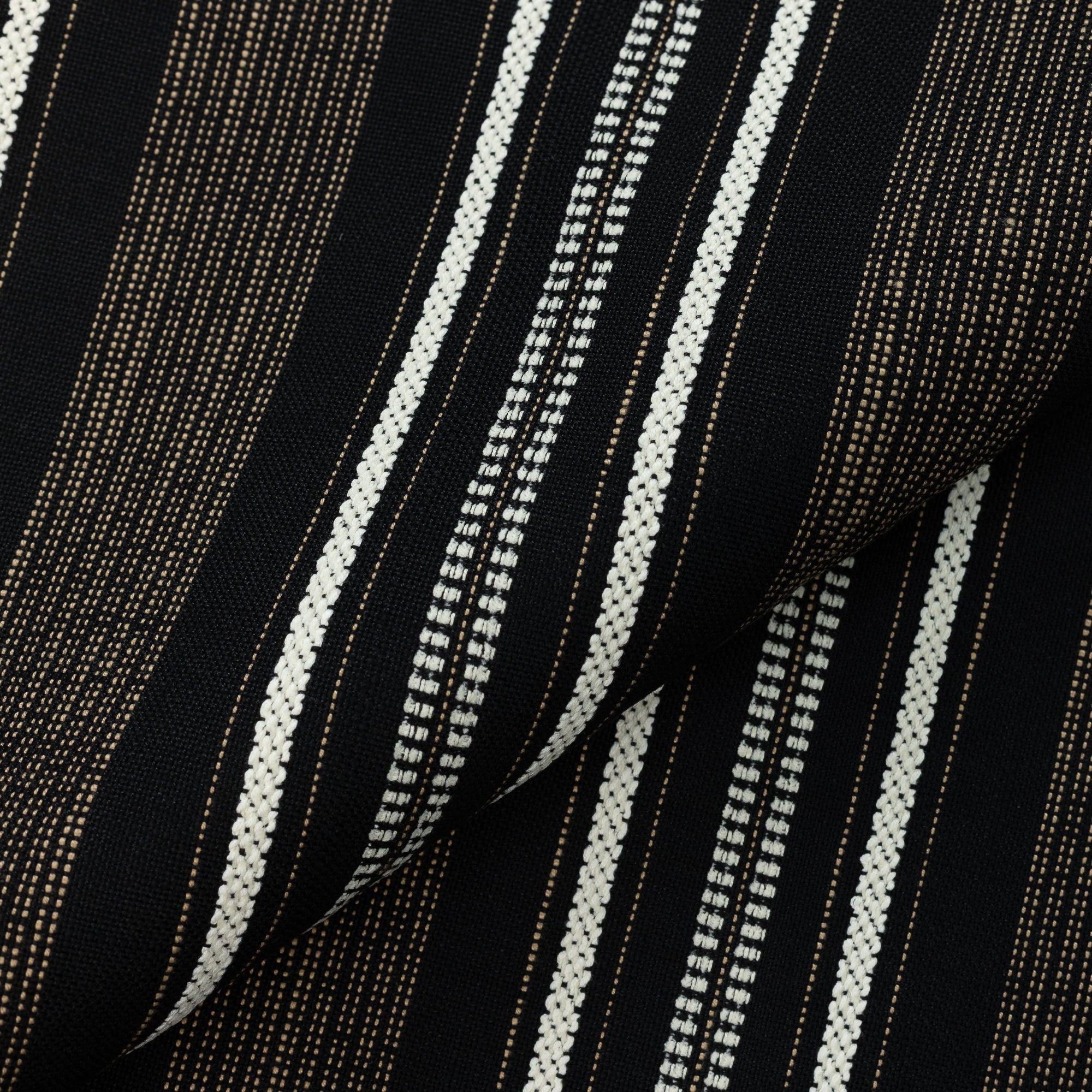 Close shot texture image of Linear black and tan outdoor safe woven fabric with pathway stripe design – Pathway Ebony by Elaine Smith