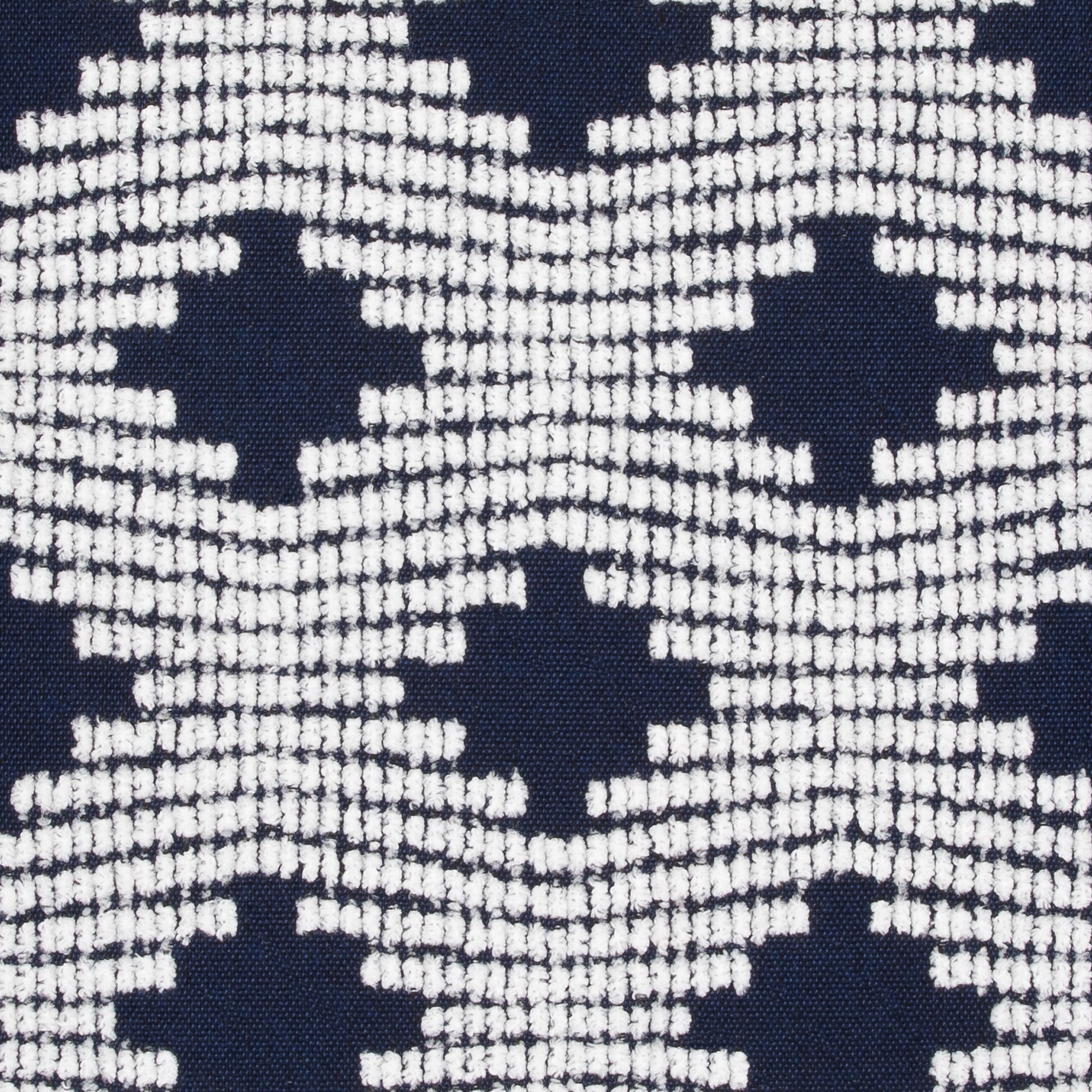 Detail image of Navy indigo woven fabric with bold wave pattern in thick chenille for outdoor safe use