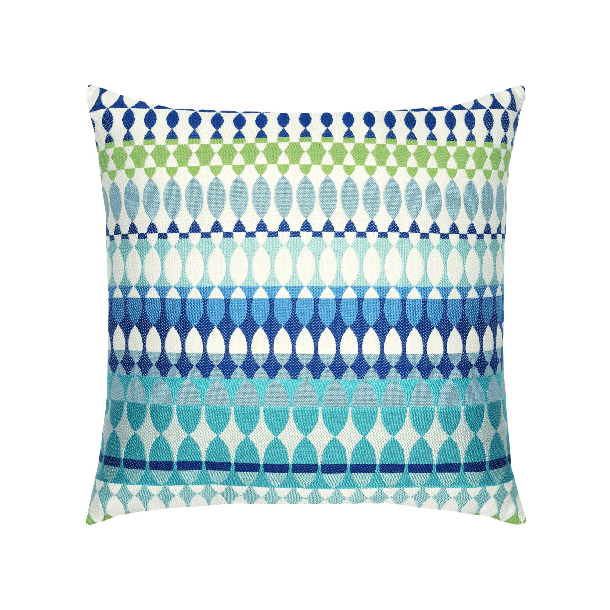 Pillow made from Contemporary oval patterned outdoor safe fabric in blue and green