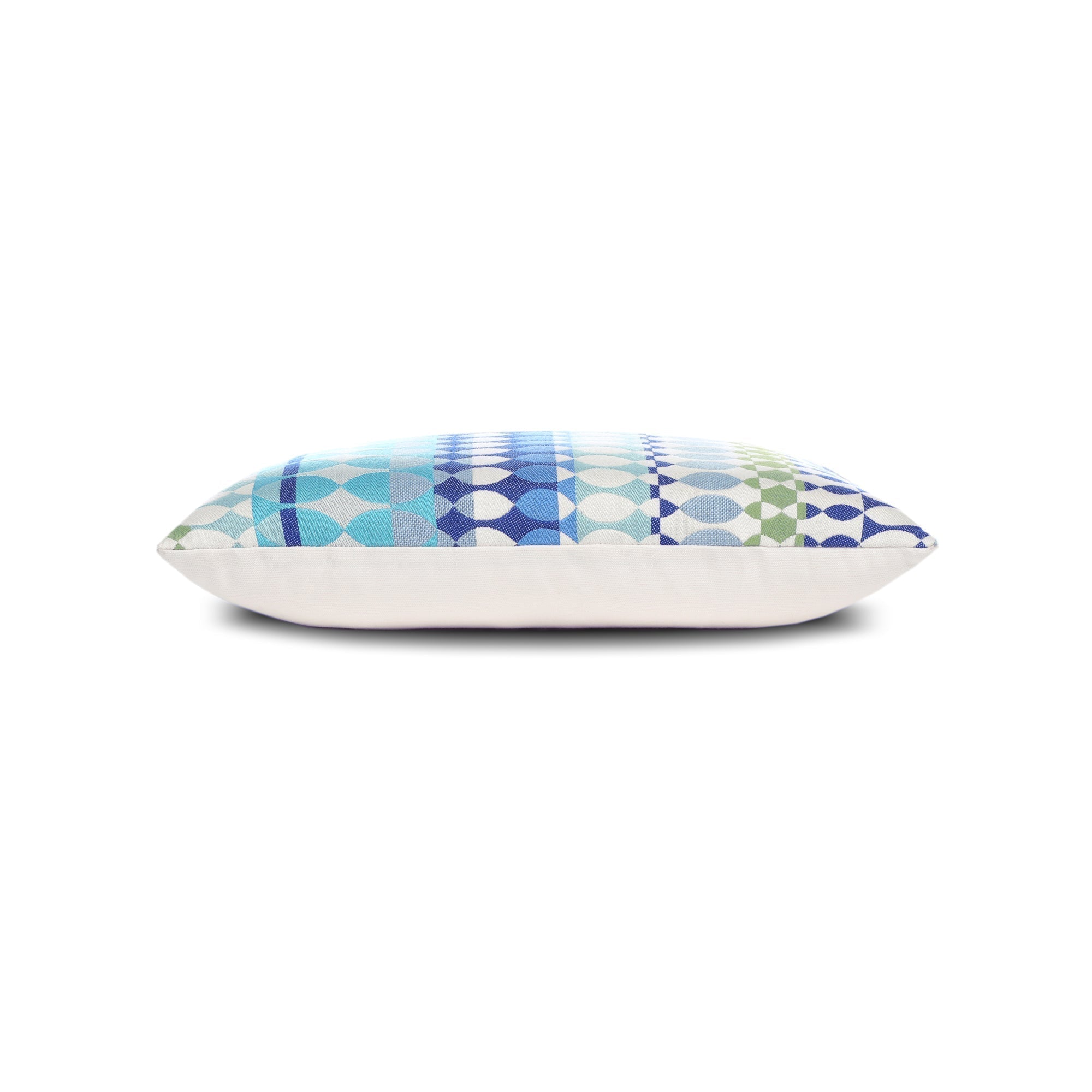 Side image of Striped multicolor outdoor pillow lumbar size for transitional indoor and outdoor decor