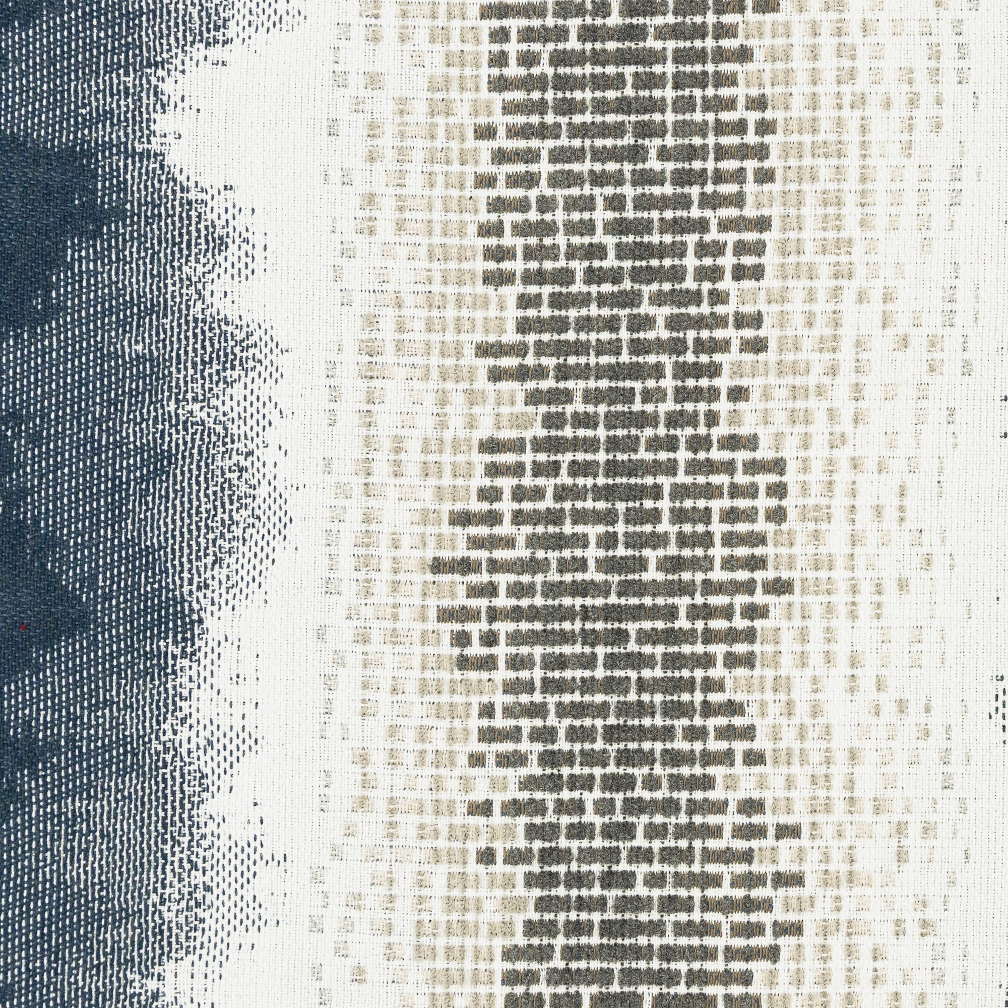 Detail image of High-performance indigo outdoor safe woven fabric with abstract brushstroke design and blended chenille block center band