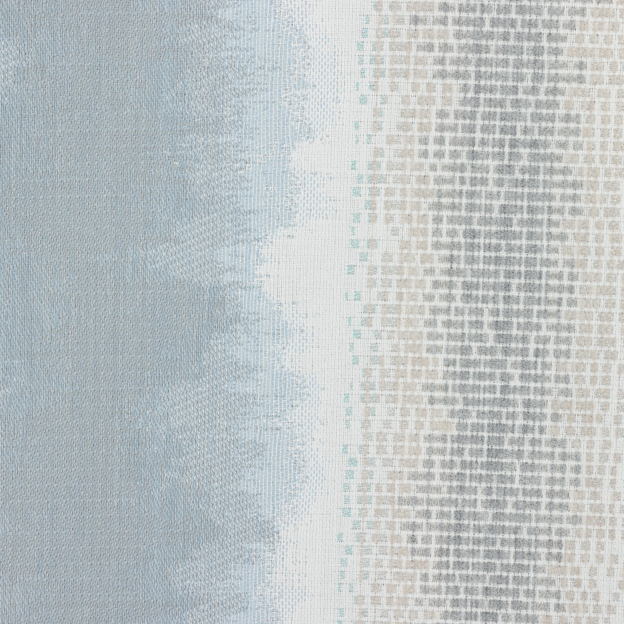 Detail image of Sky blue and white with blended chenille block center band  in  outdoor safe woven fabric with ombre edge