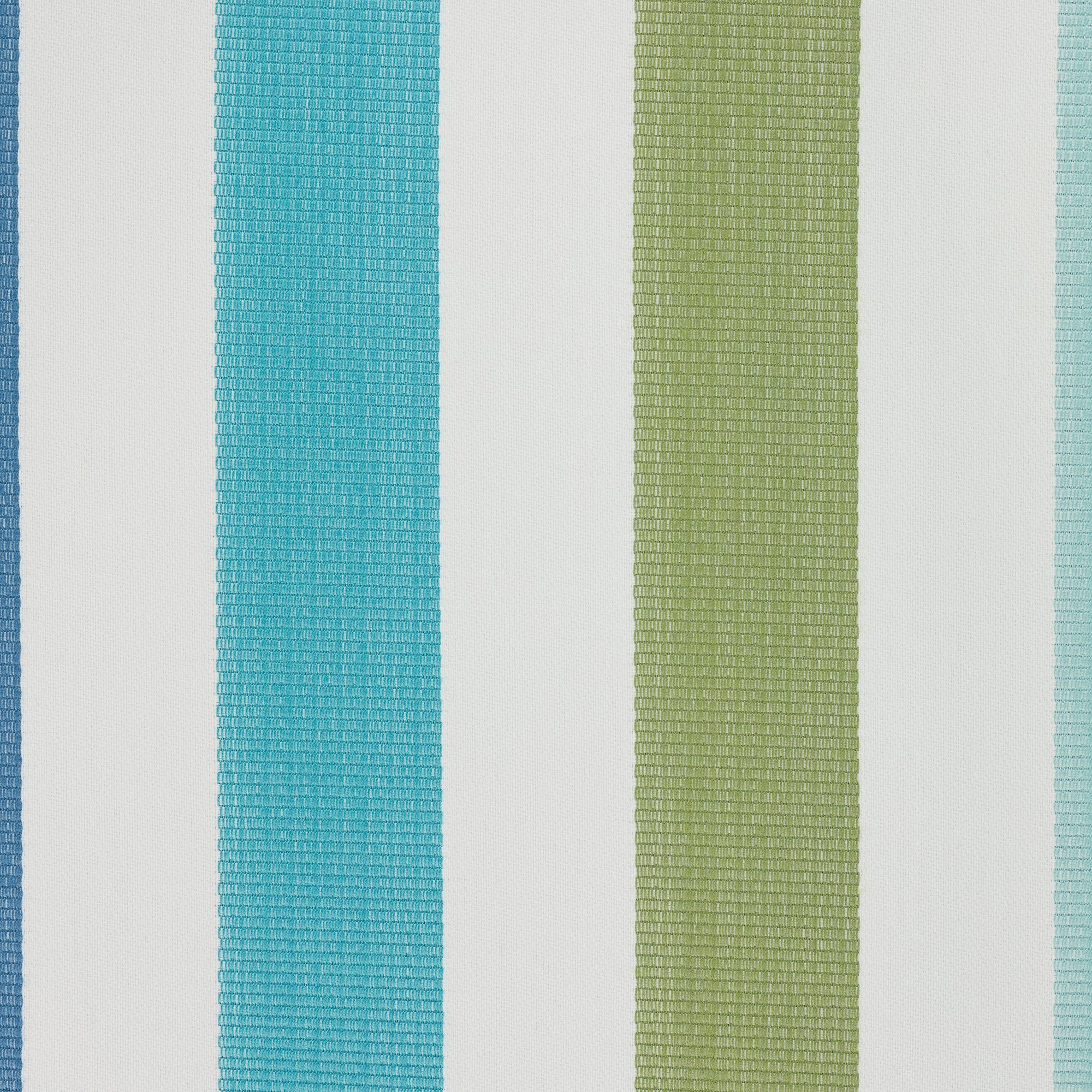 Detail image of Outdoor safe woven fabric with vibrant green, blue, and white stripes – Rhodes Stripe by Elaine Smith