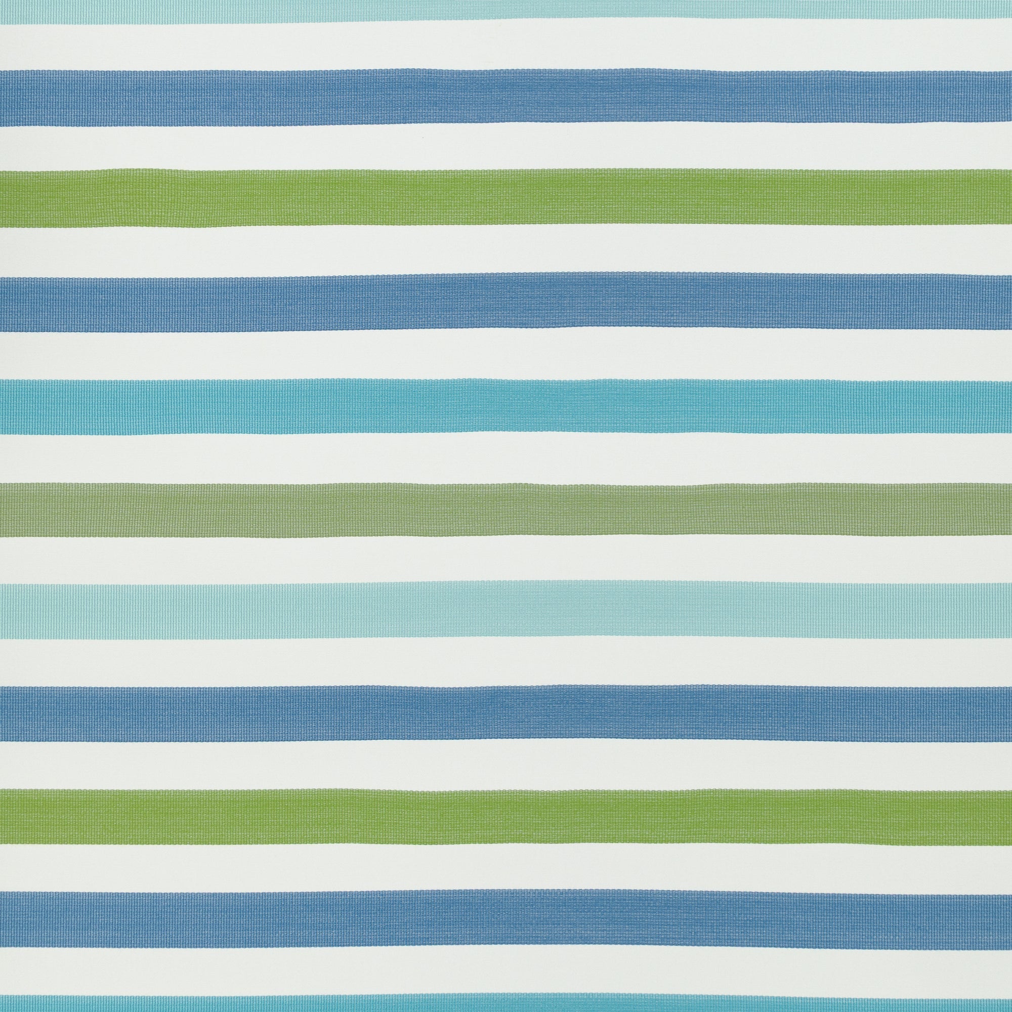 Outdoor safe woven fabric with vibrant green, blue, and white stripes – Rhodes Stripe by Elaine Smith-full fabric repeat image