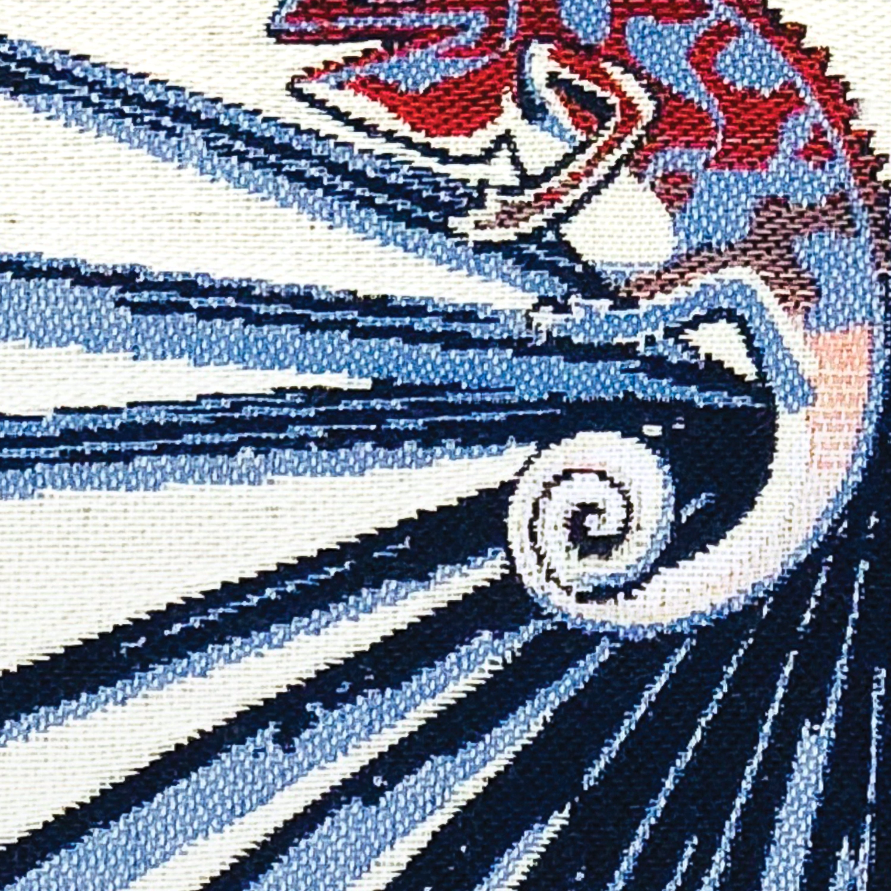 Swatch image of woven fabric with chameleon detail in blue red and white