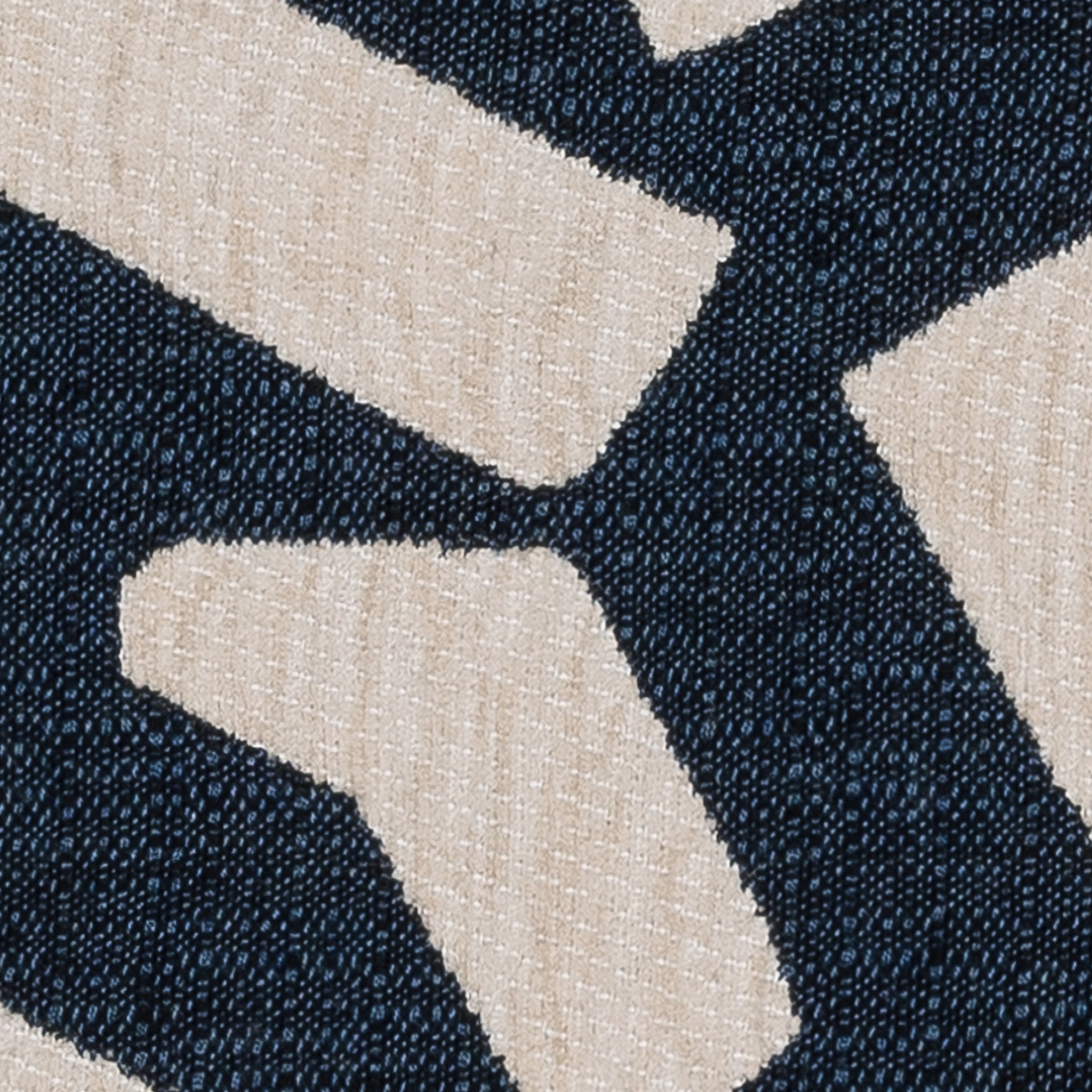 Swatch image of Abstract indigo outdoor safe fabric with geometric shapes in flax chenille
