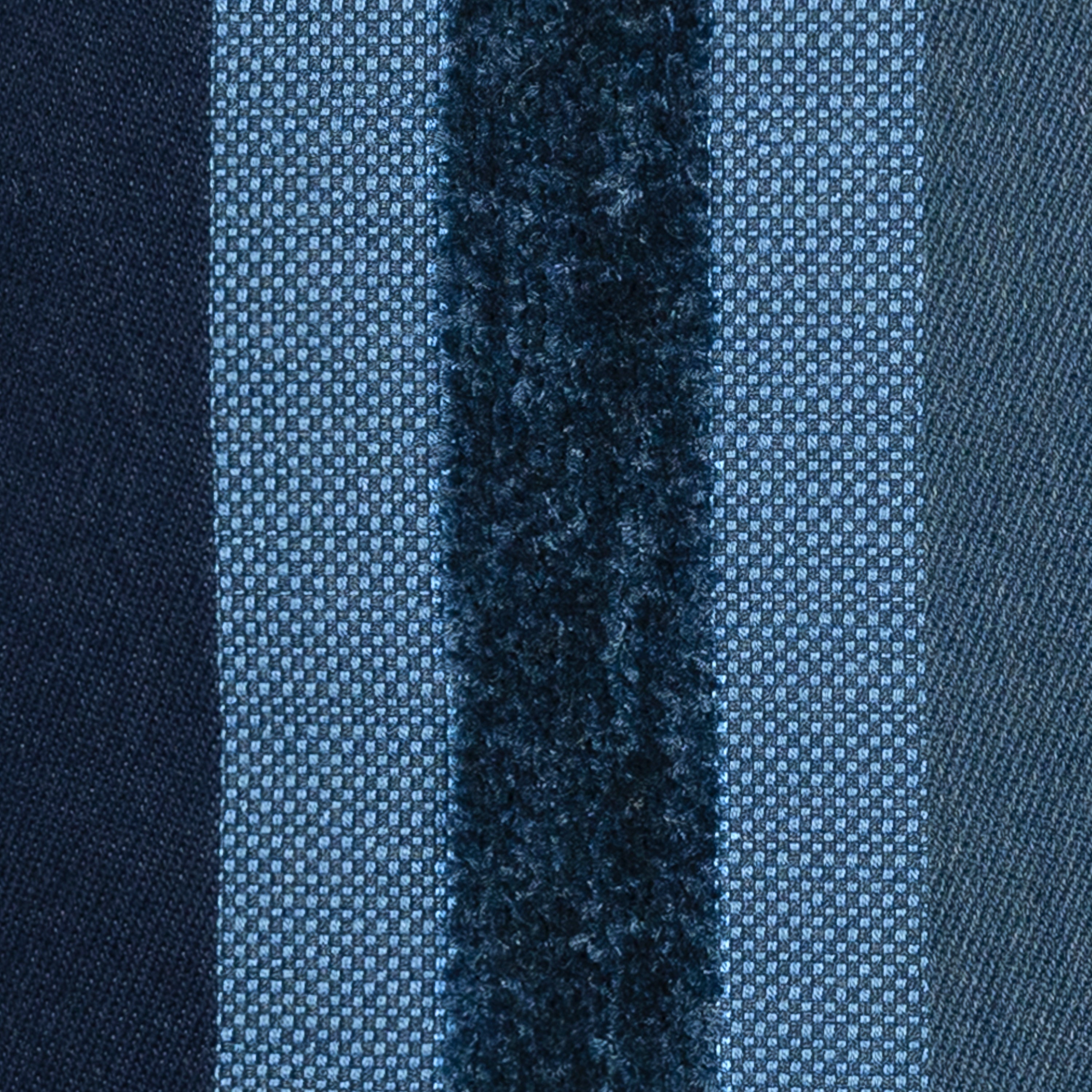 Swatch image of Outdoor safe woven fabric with vertical indigo stripe pattern with rich bands of chenille– Intermix Indigo by Elaine Smith