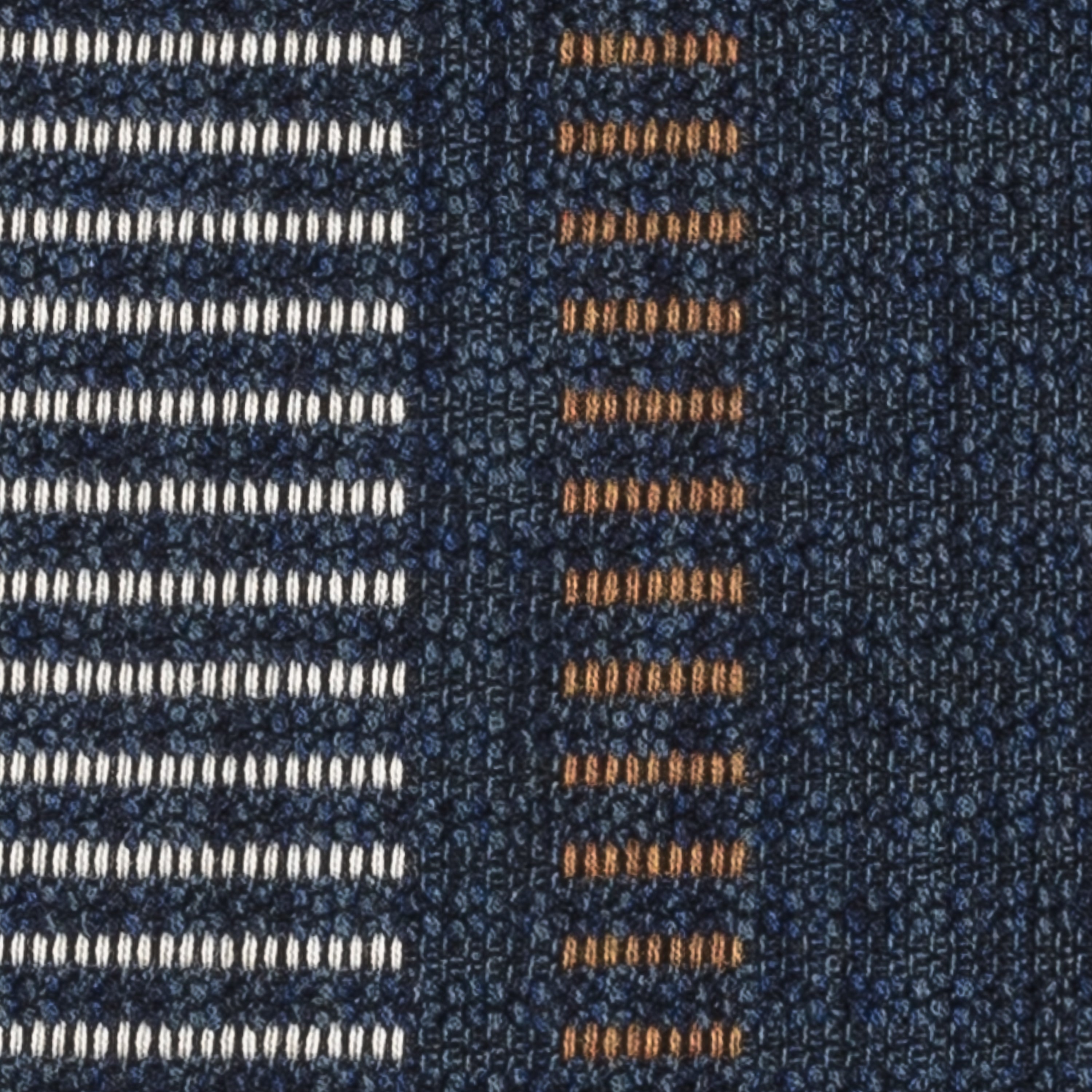 Swatch image of Striped indigo outdoor safe fabric with rich earth-tone accents – Journey Indigo by Elaine Smith