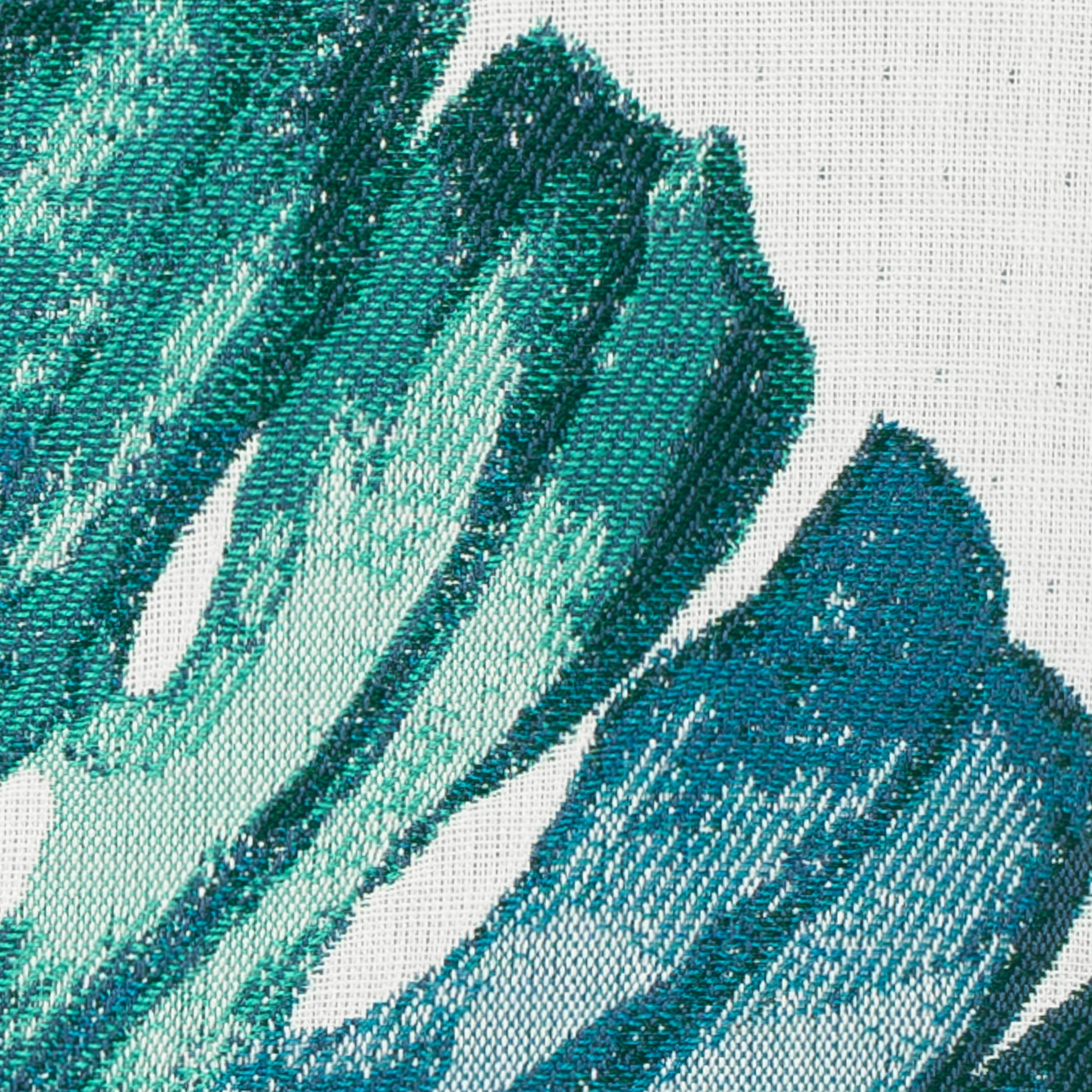 Swatch image of woven leaf pattern in teal on white outdoor safe fabric