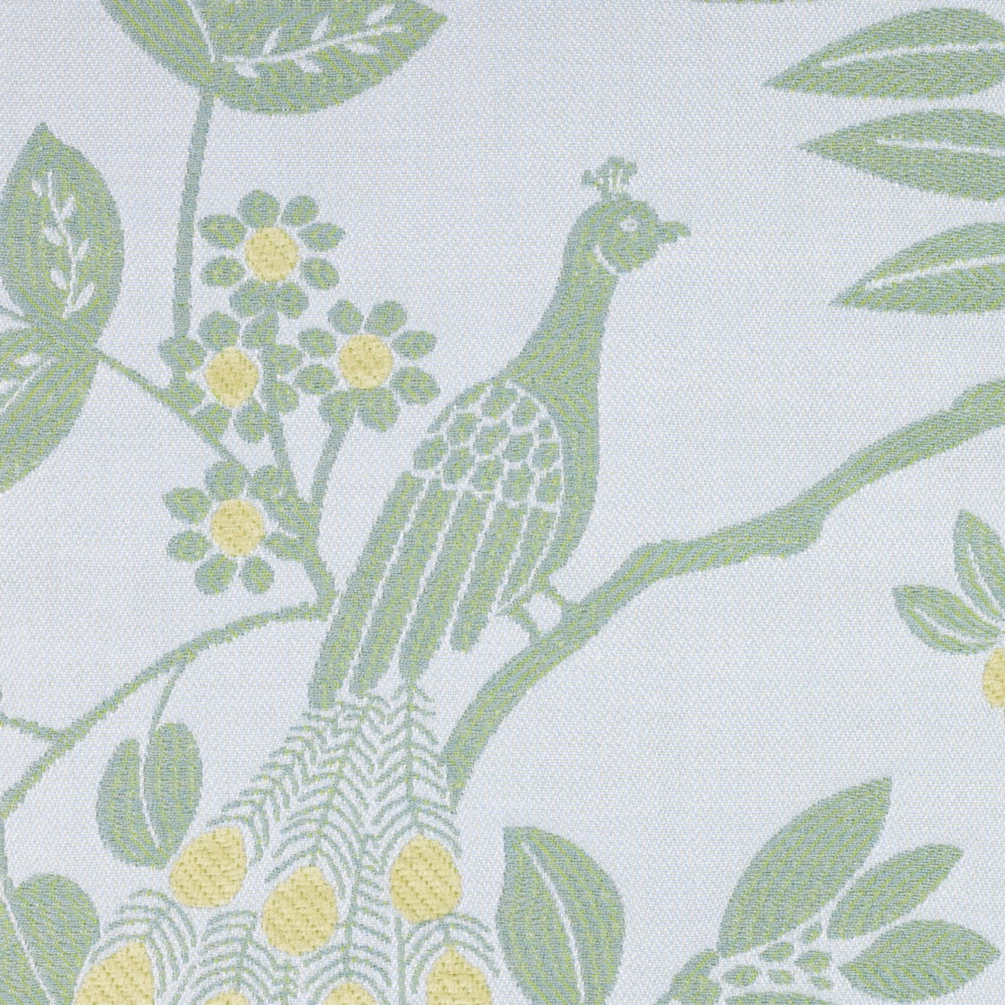 Swatch image of green and white woven fabric with leaf pattern for outdoor safe use