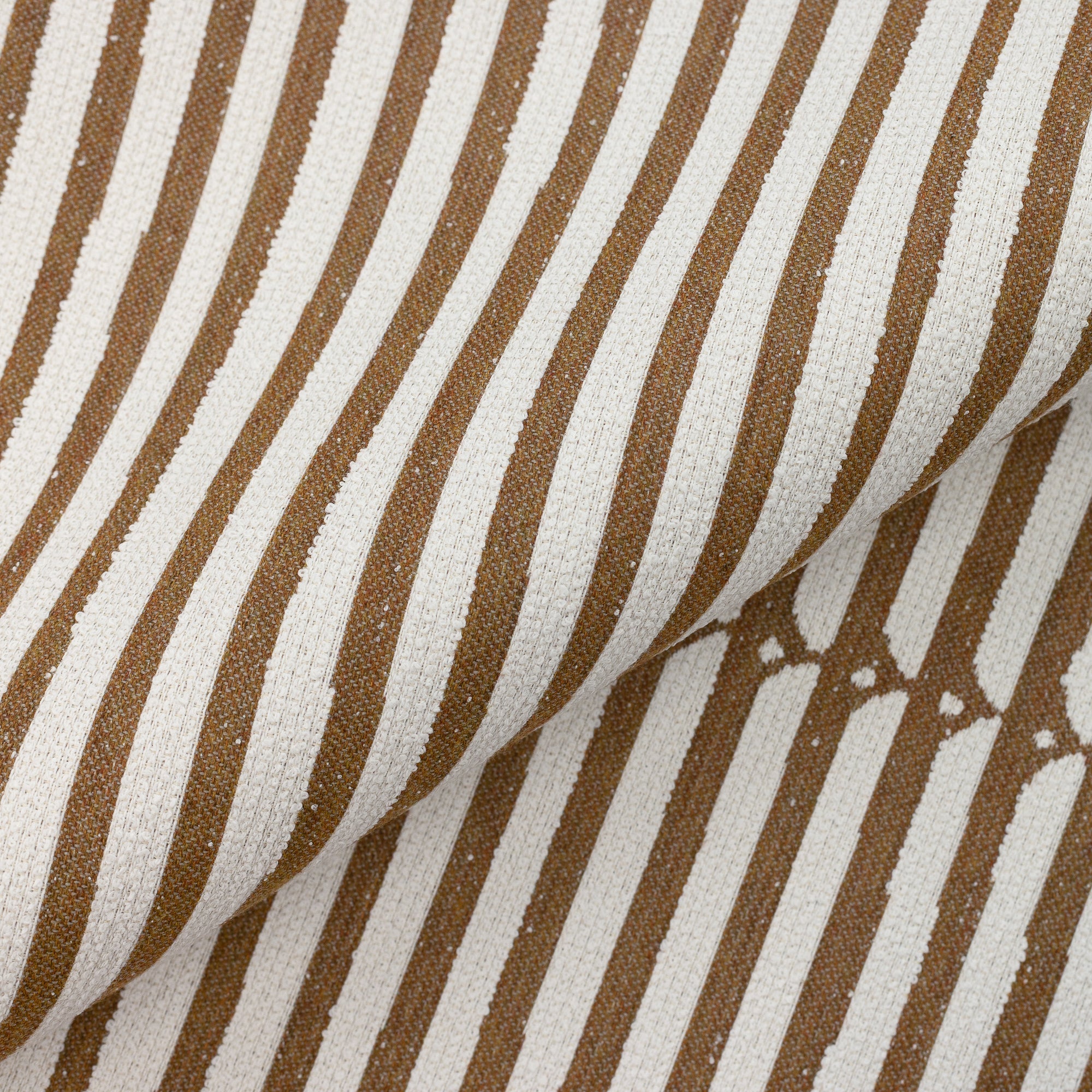 Close shot texture image of Sophisticated stripe in caramel on ivory boucle ground outdoor safe woven fabric