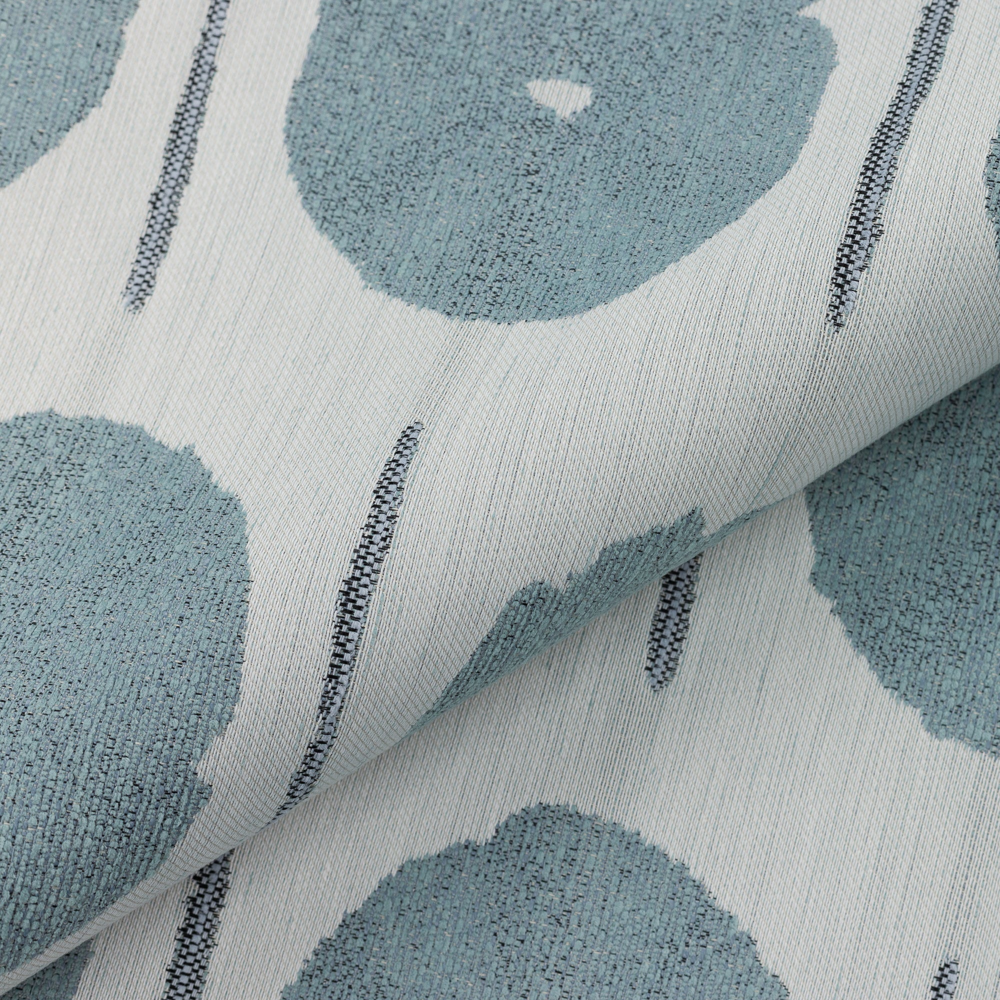 Close shot texture image of Outdoor safe fabric with circular watercolor motif in mist blue tones