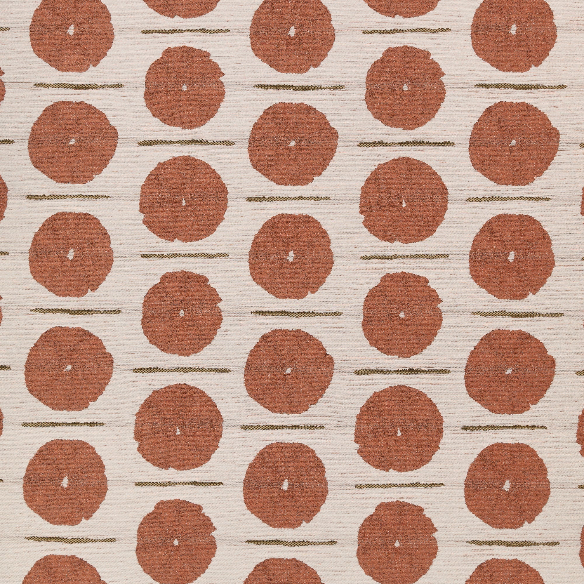 Artful circle motif in papaya orange on outdoor-safe fabric – Solstice Papaya by Elaine Smith-full fabric repeat image
