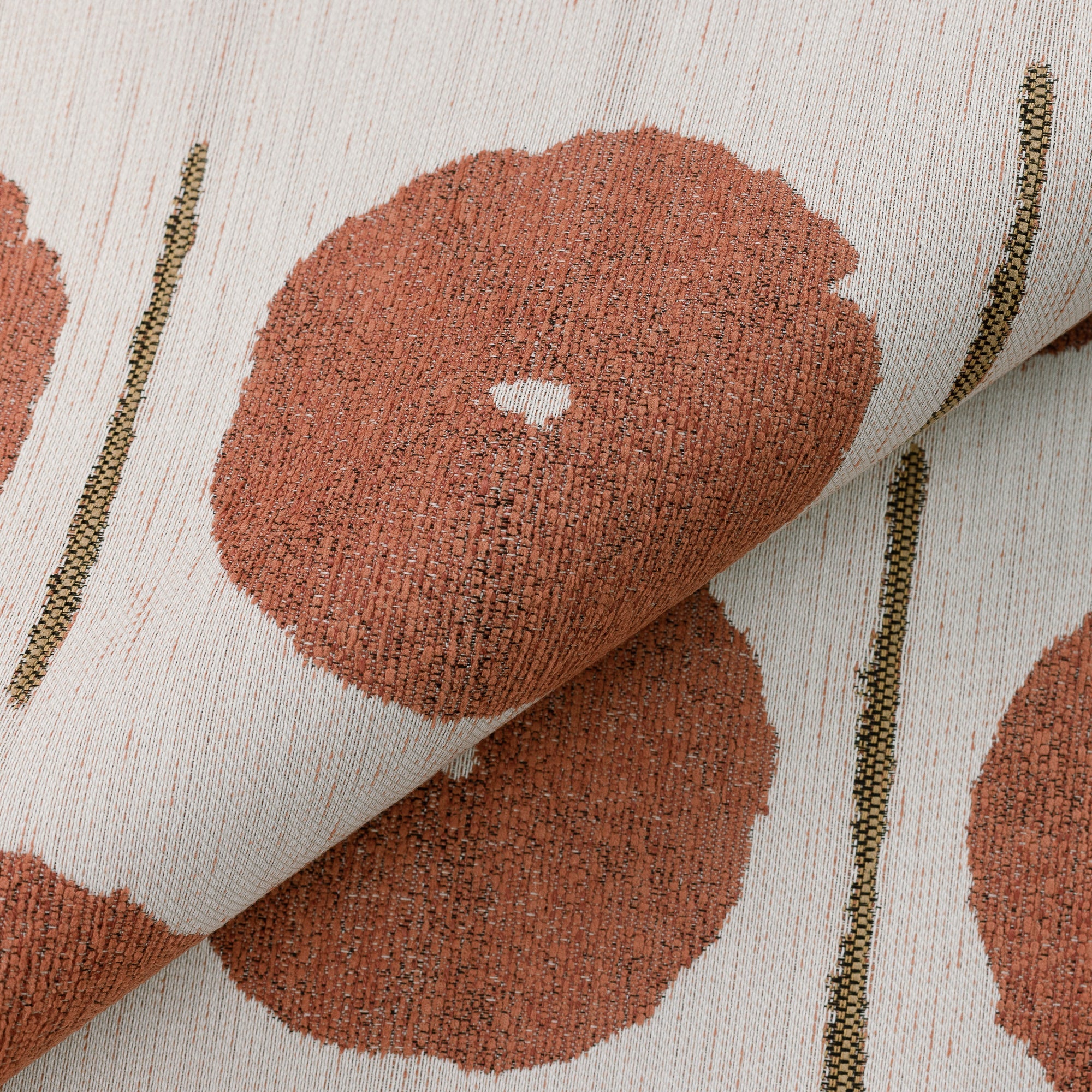 Close shot texture image of Artful circle motif in papaya orange on outdoor-safe fabric – Solstice Papaya by Elaine Smith