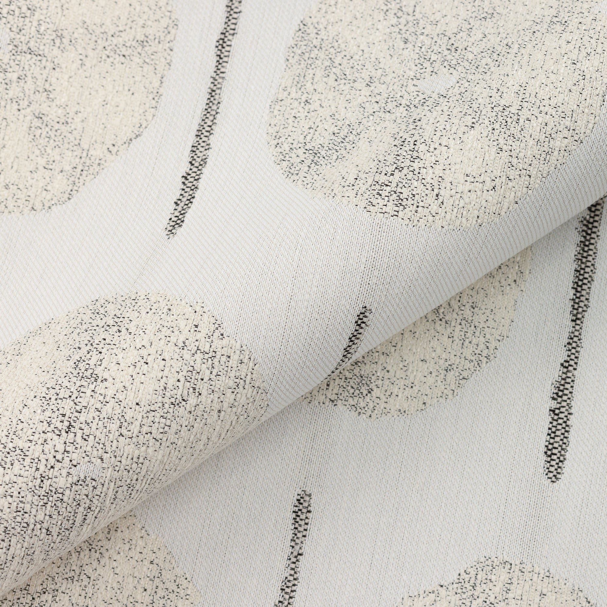 Close shot texture image of Neutral-toned artistic circle pattern in durable outdoor safe fabric – Solstice Sand by Elaine Smith