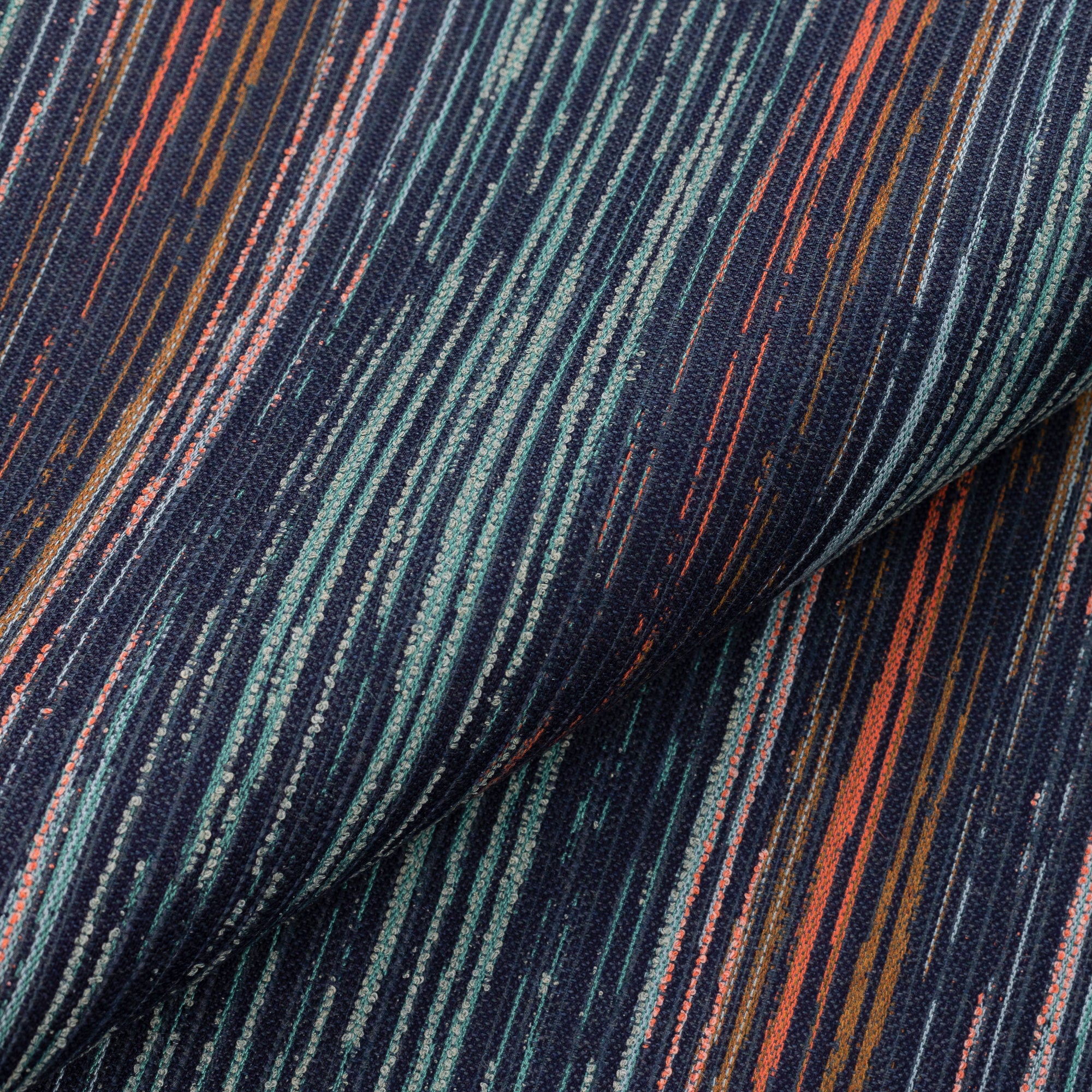 Close shot texture image of Contemporary indigo pattern outdoor safe woven fabric with vertical lines - Elaine Smith B2B