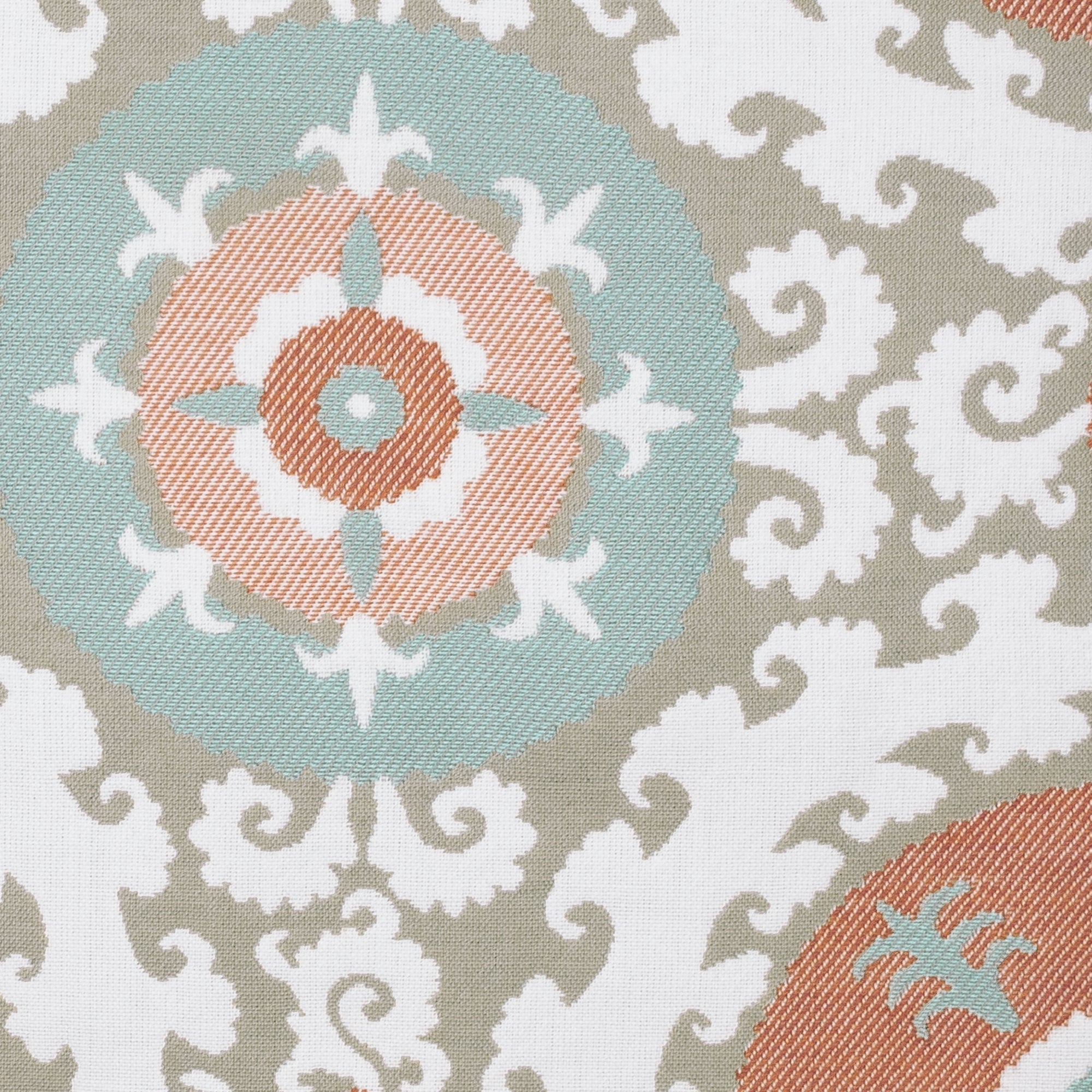 Detail image of Suzani Oasis – outdoor-safe woven fabric by Elaine Smith, ideal for high-end commercial and residential applications.