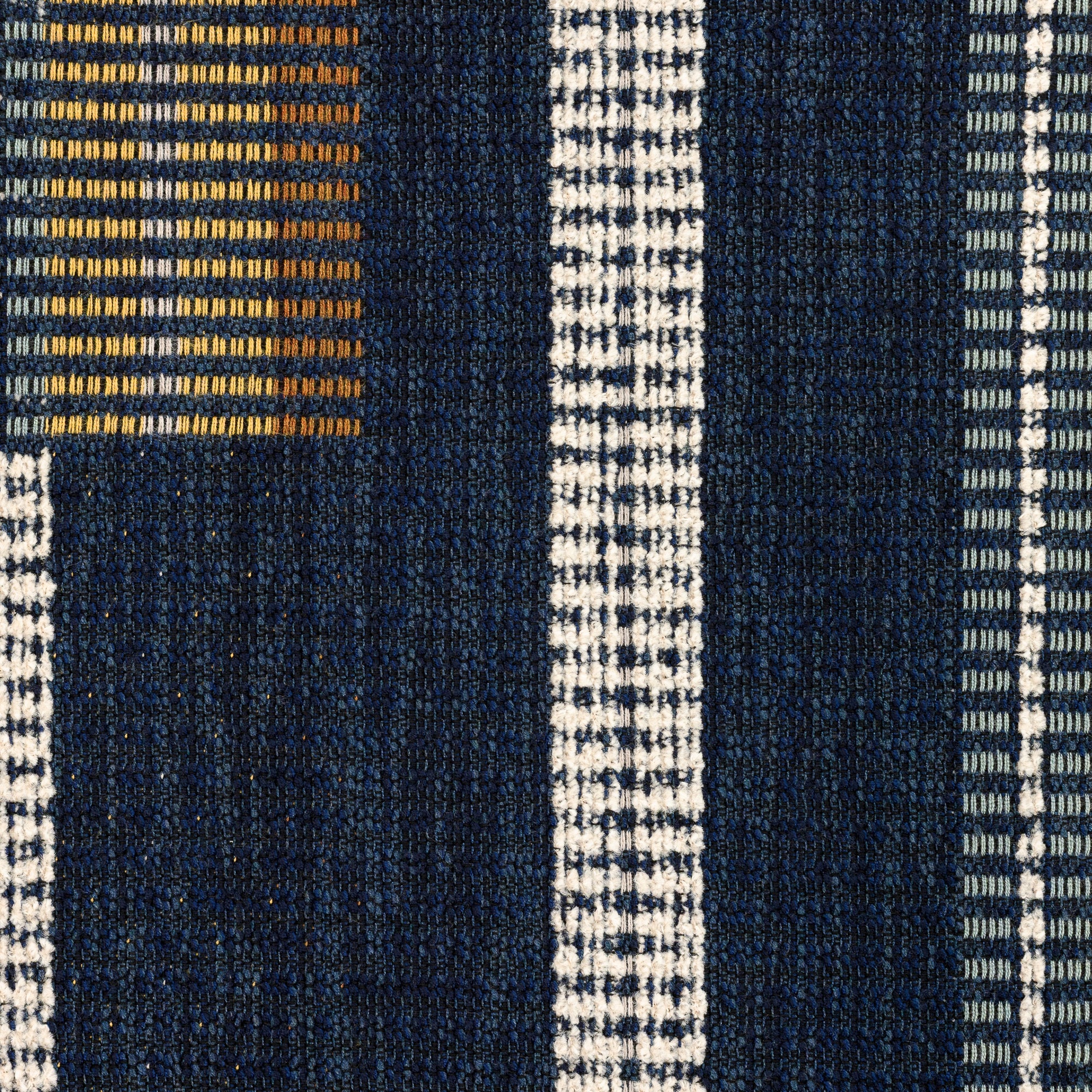 Detail image of Patchwork stripe pattern in indigo tones for outdoor safe use