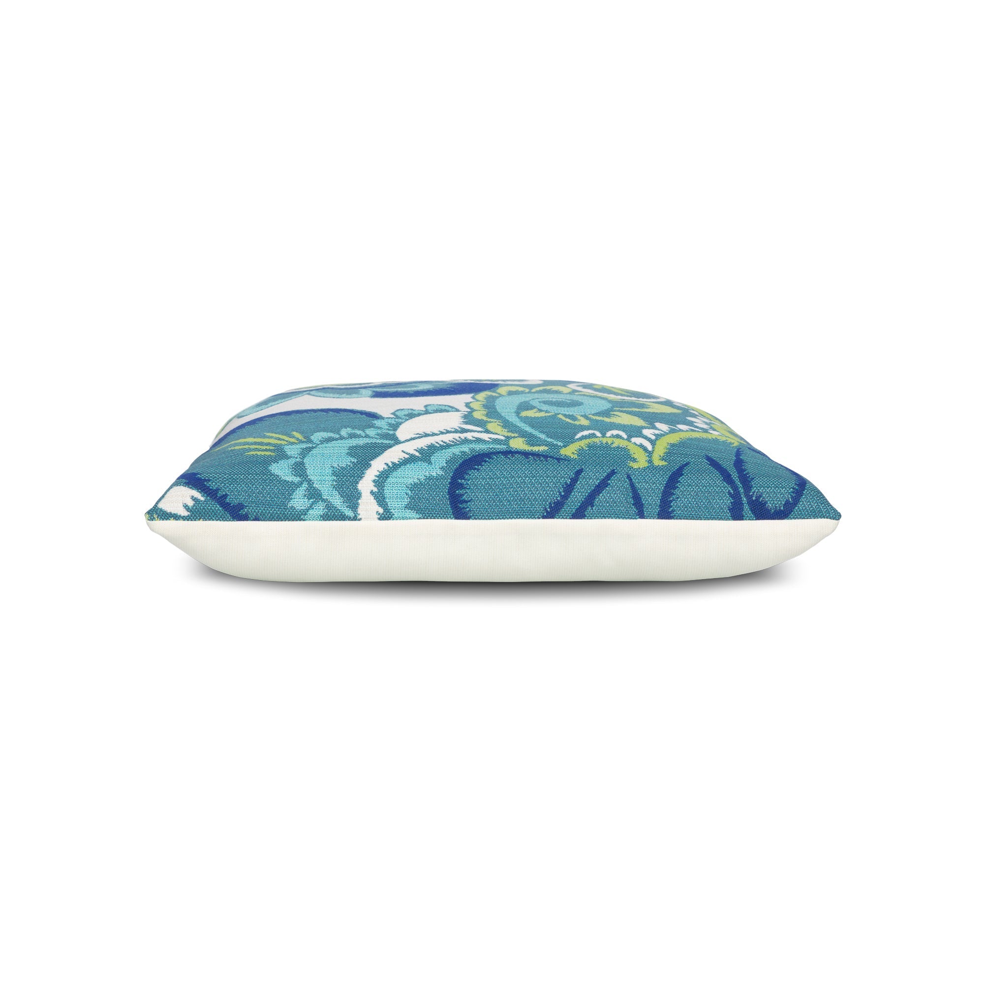 Side image of Navy outdoor pillow with floral pattern square size for elegant patio decor by Elaine Smith