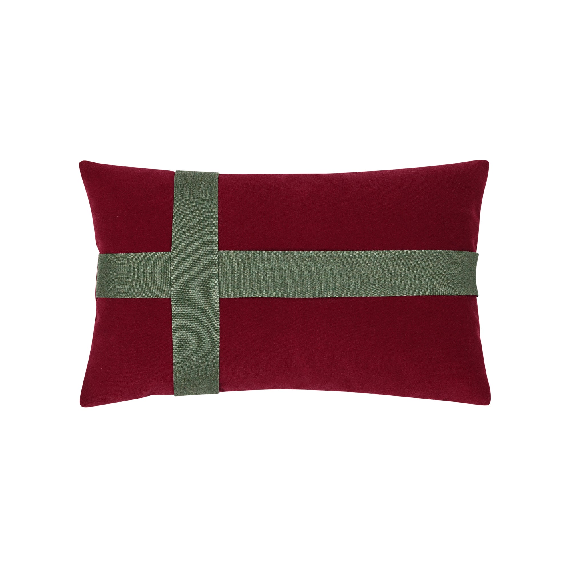 Ruby velvet lumbar pillow with green banding for seasonal décor