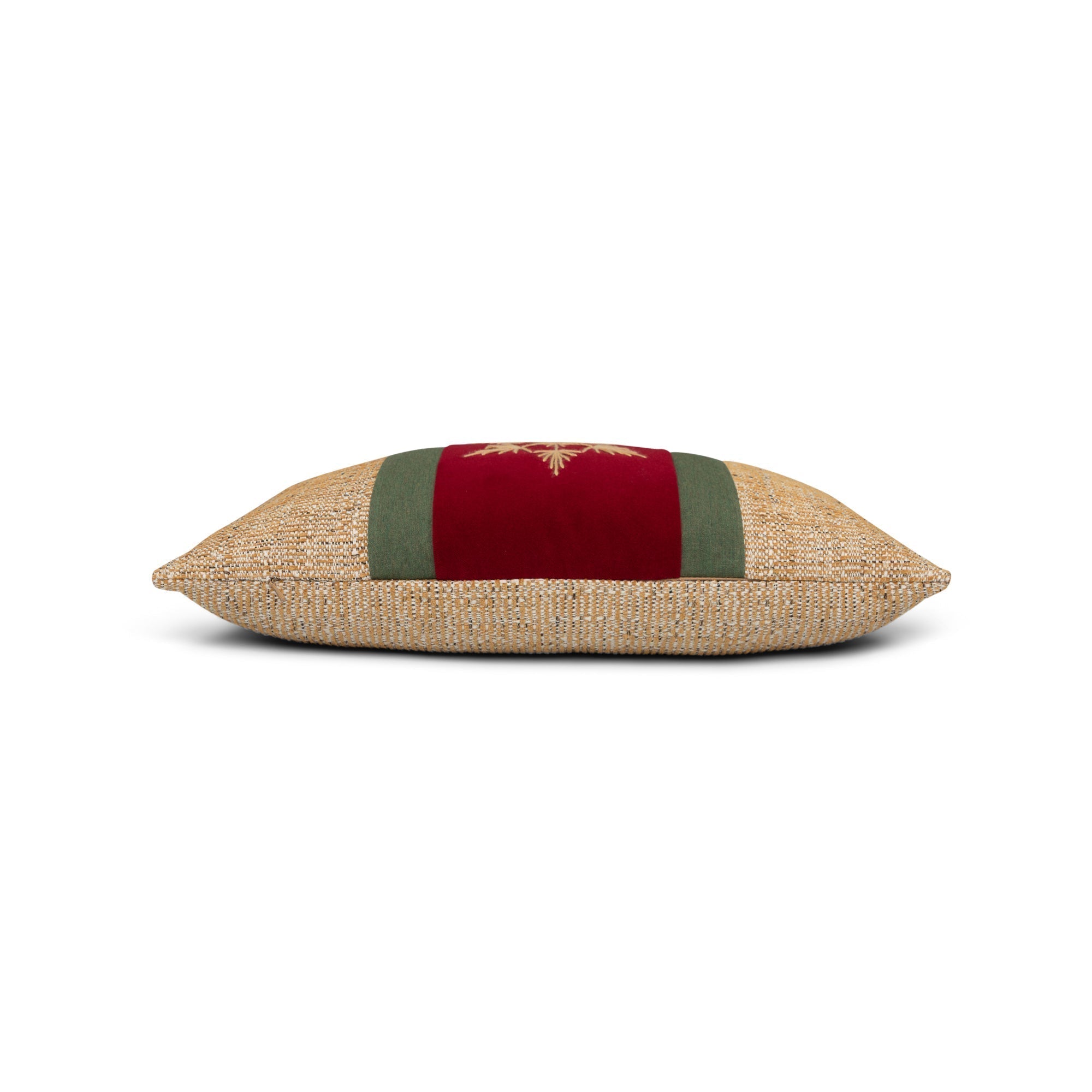Side image of Gold motif pillow lumbar size for festive indoor and outdoor decor