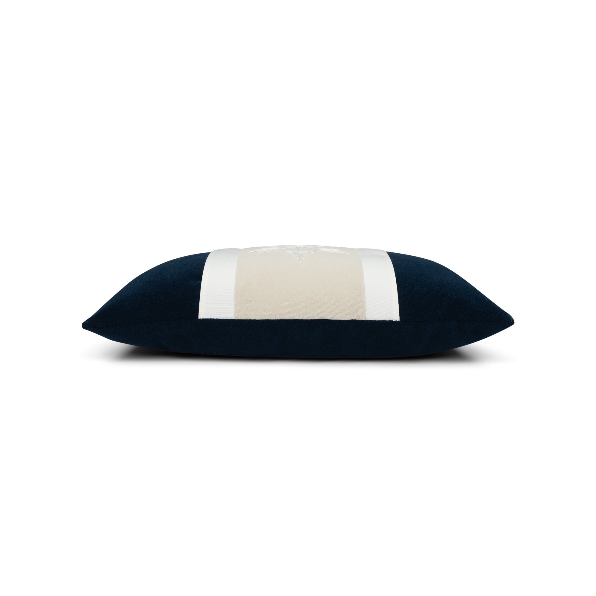 Side image of Navy striped pillow lumbar size for sophisticated indoor and outdoor decor