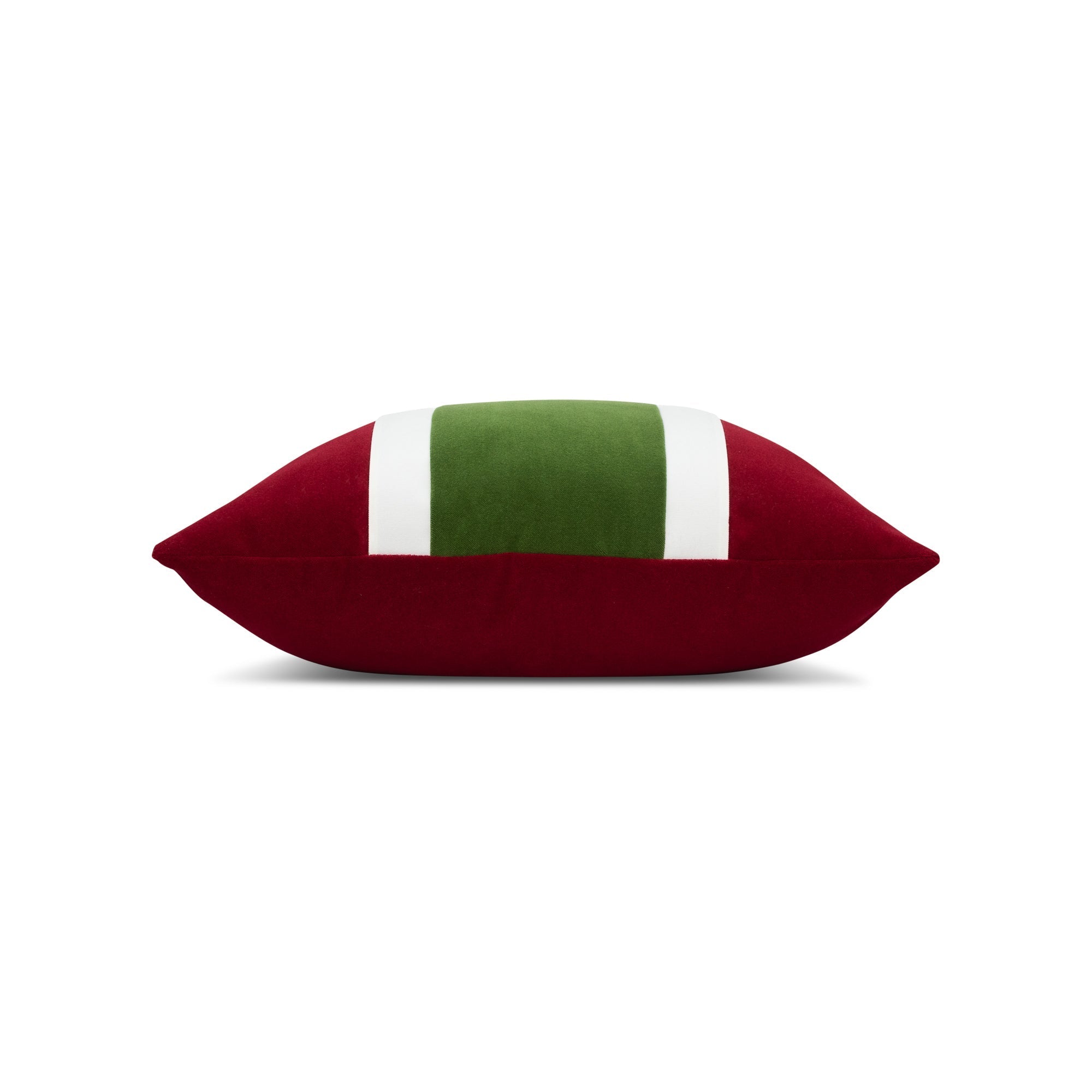 Side image of Red and green striped pillow square size for bold indoor and outdoor decor