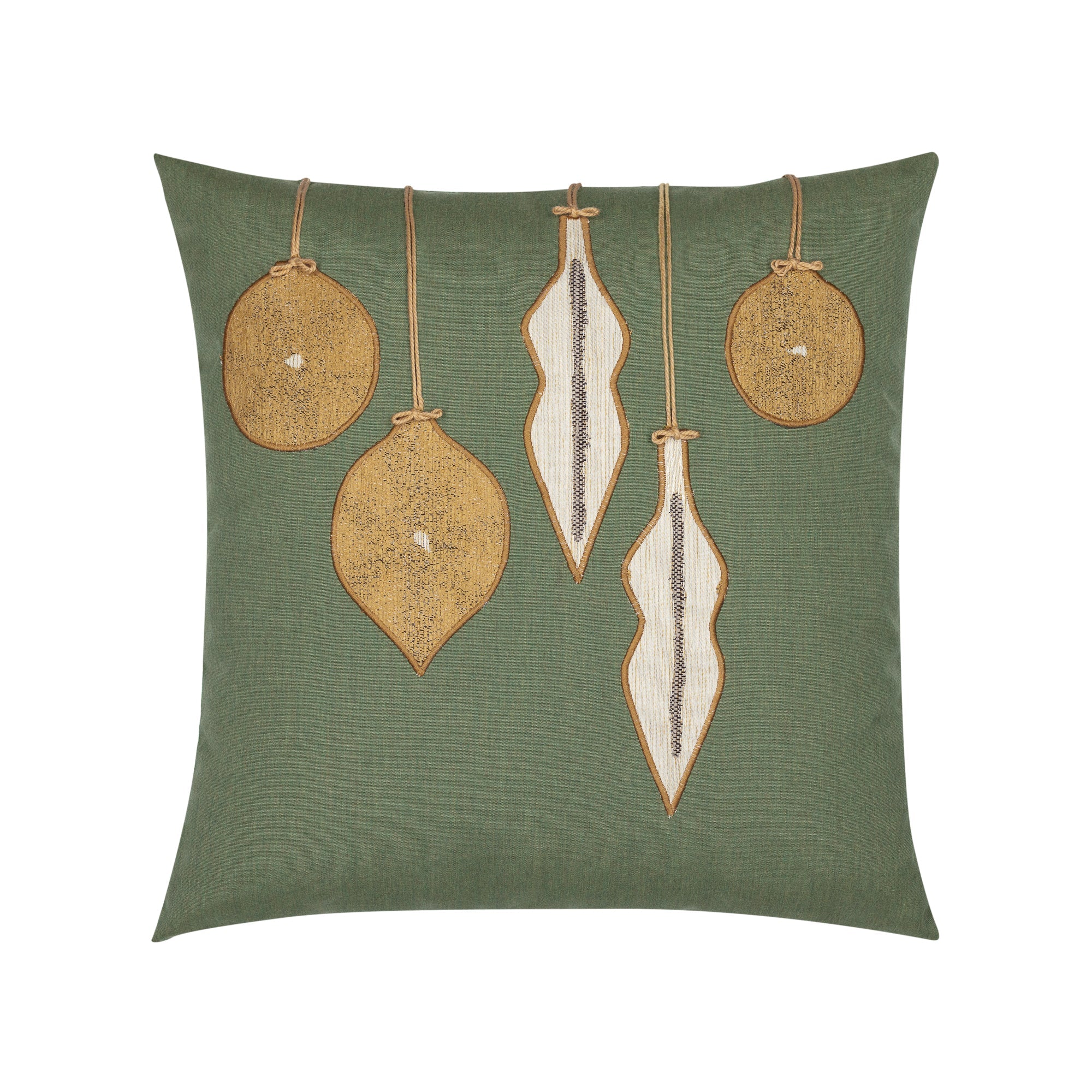 Green pillow with gold ornament hand stitched details in square size for holiday and seasonal indoor and outdoor decor