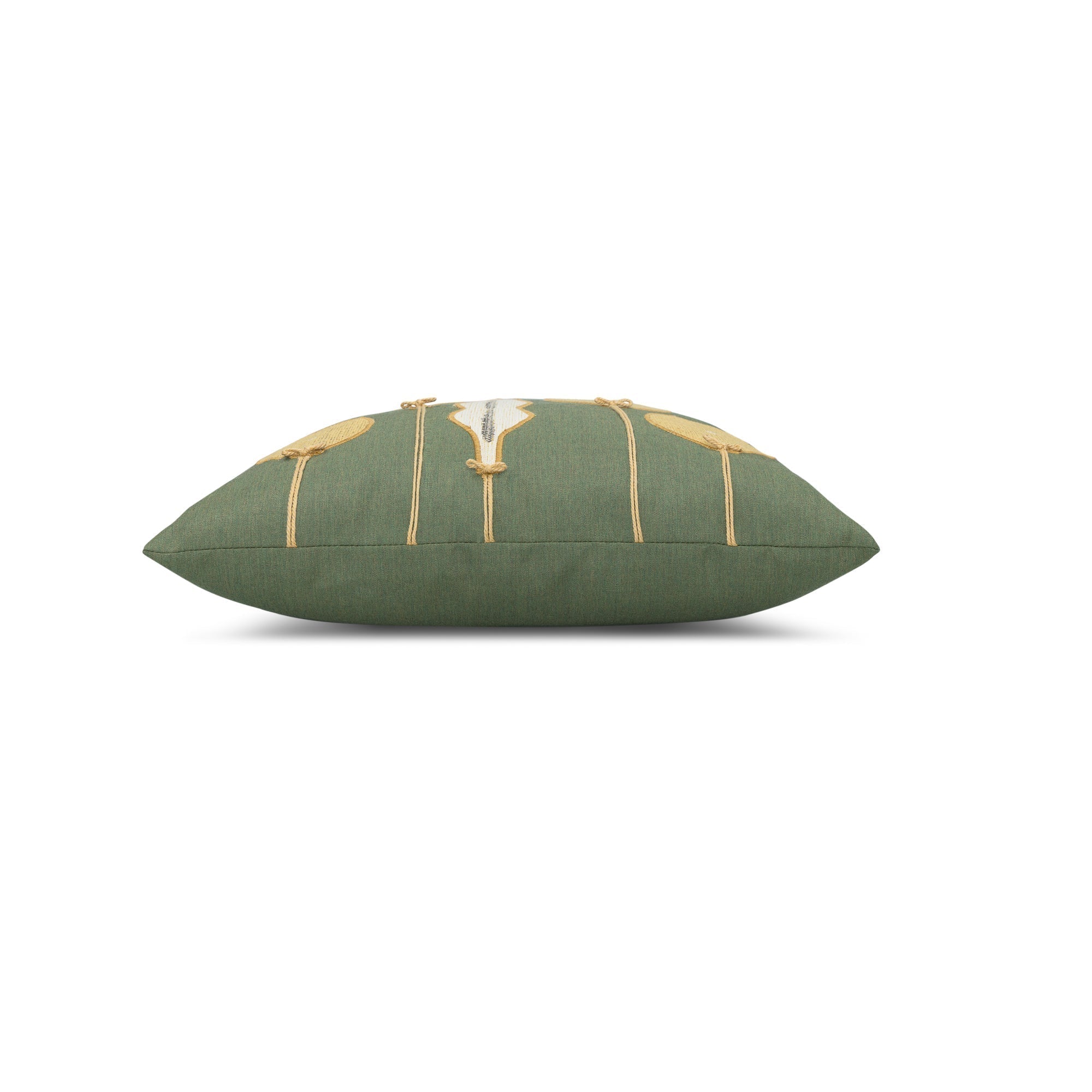 Side image of Green pillow with gold ornament hand stitched details in square size for holiday and seasonal indoor and outdoor decor