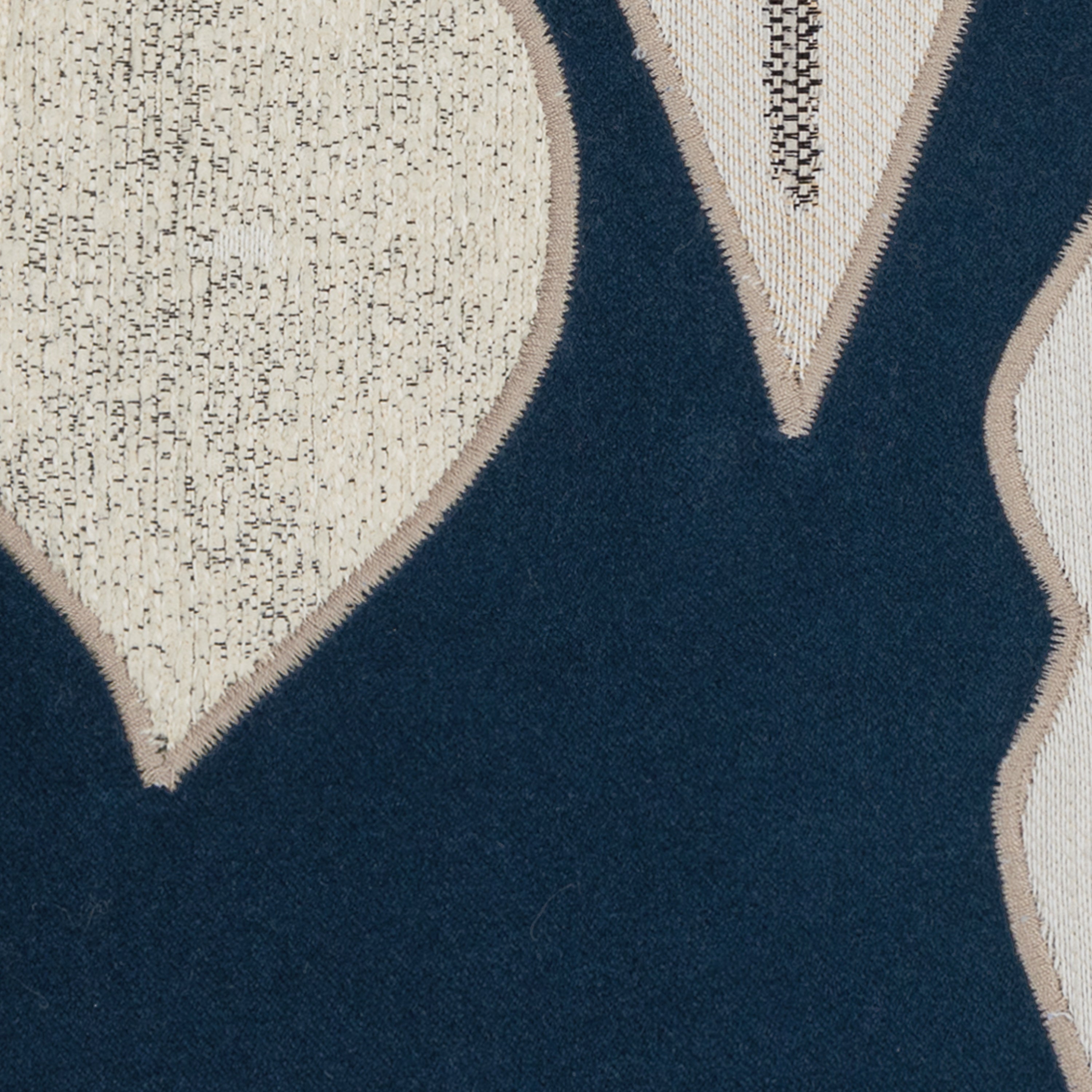 Detail image of Navy velvet pillow with gold ornament hand stitched details in square size for holiday and seasonal indoor and outdoor decor