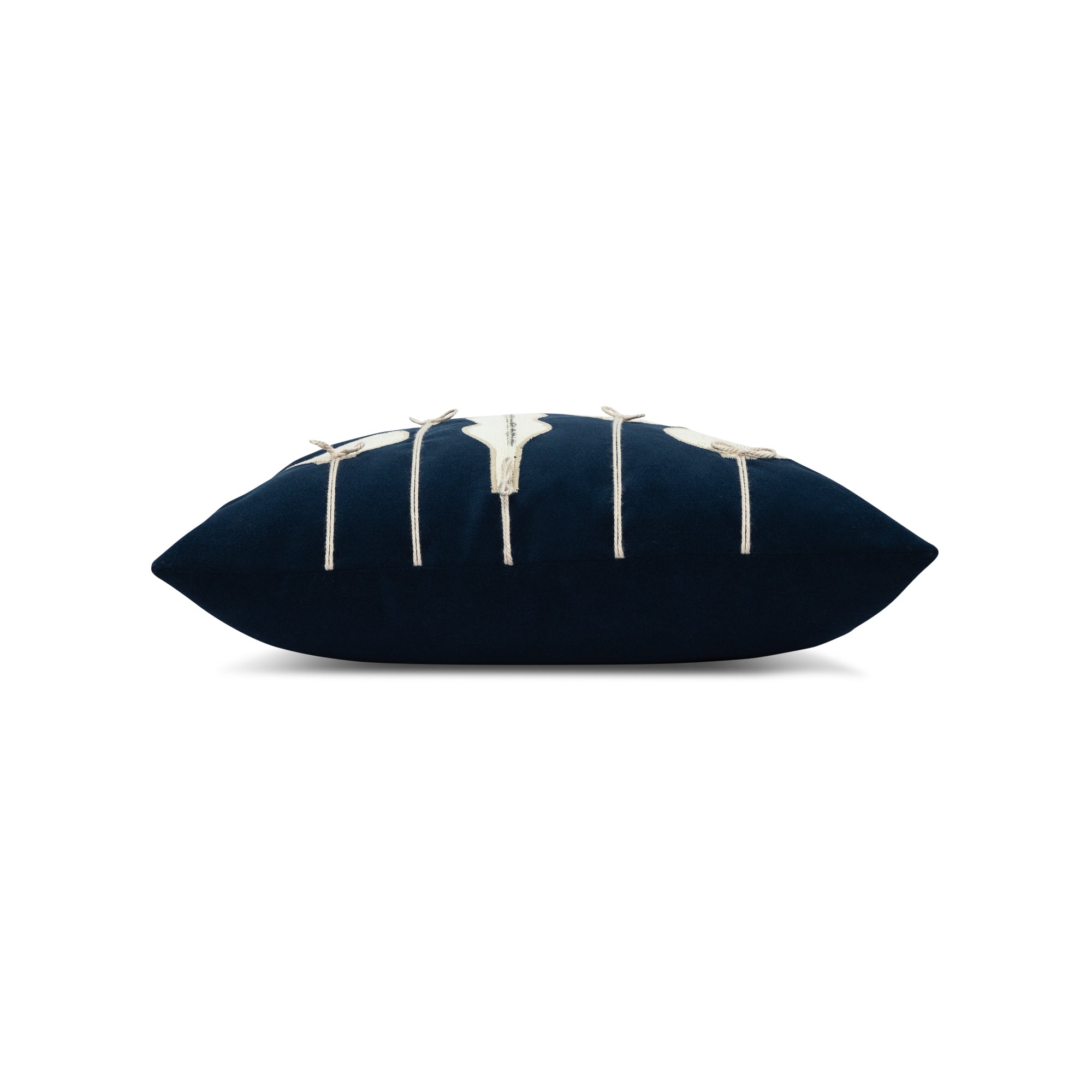 Side image of Navy velvet pillow with gold ornament hand stitched details in square size for holiday and seasonal indoor and outdoor decor