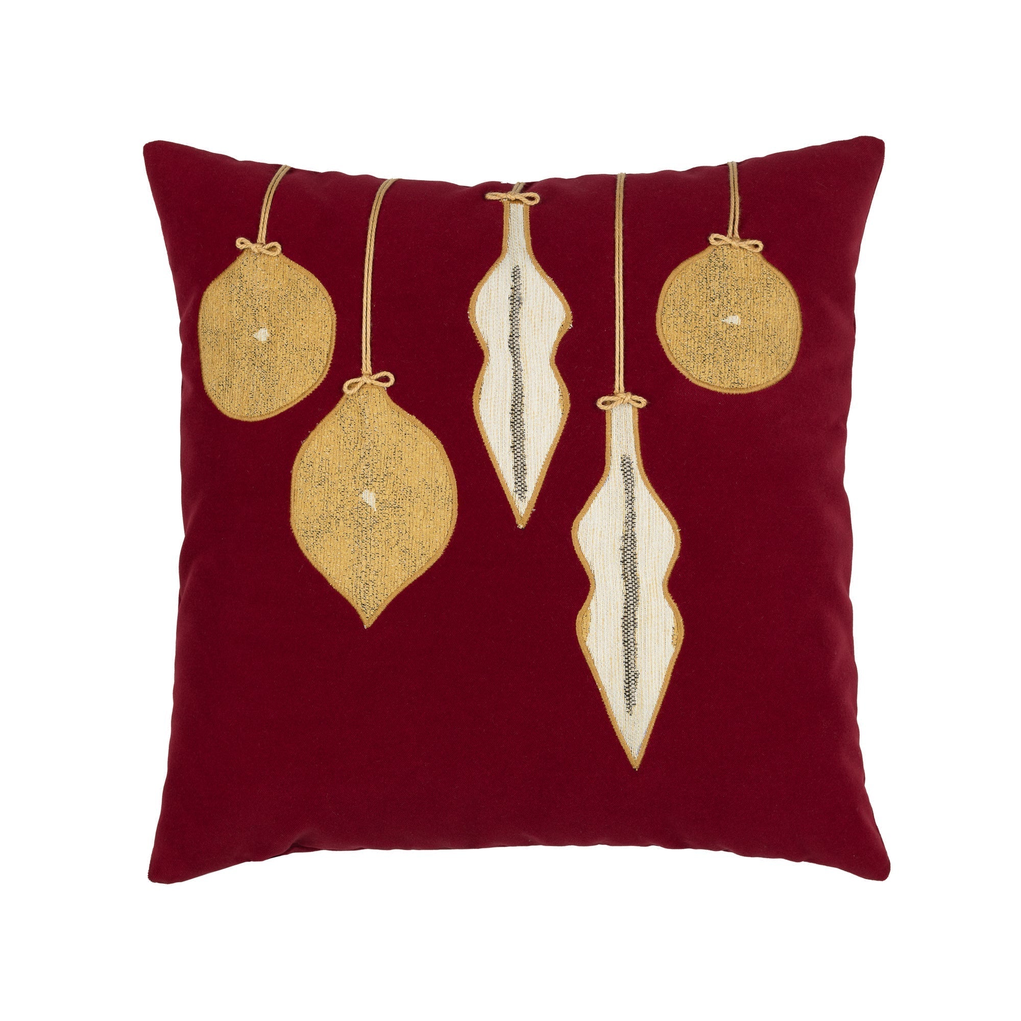 Ruby red velvet pillow with gold ornament hand stitched details in square size for holiday and seasonal indoor and outdoor decor