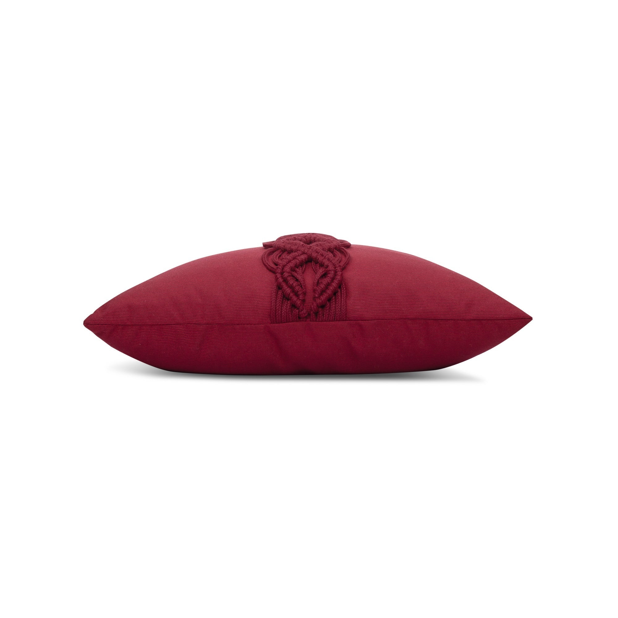 Side image of Crimson outdoor pillow with pleated design, square size for luxurious outdoor decor