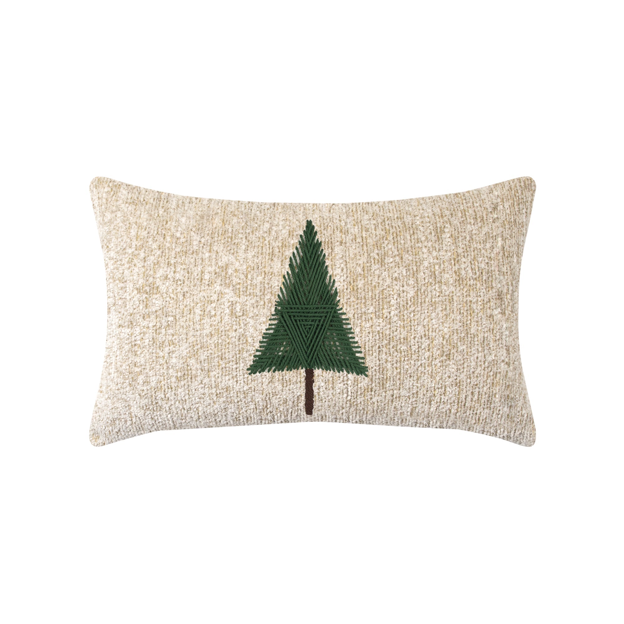 Ivory outdoor pillow with holiday tree hand sewn detail for chic outdoor decor