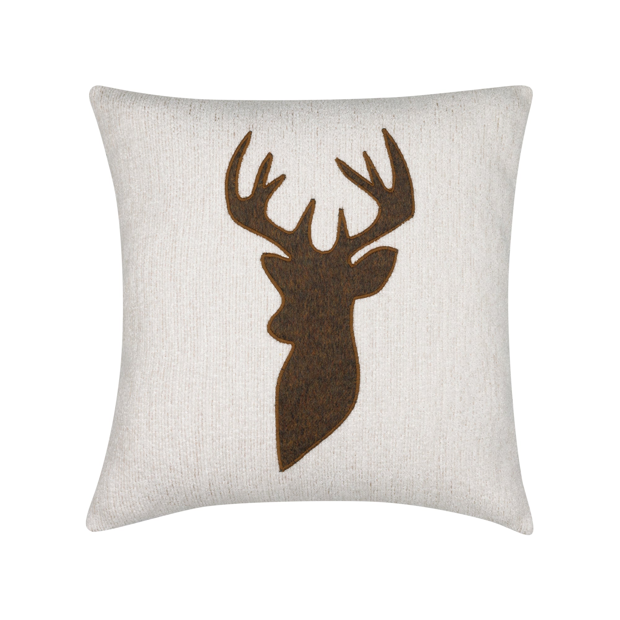 White outdoor pillow with deer silhouette, square size for festive outdoor styling by Elaine Smith