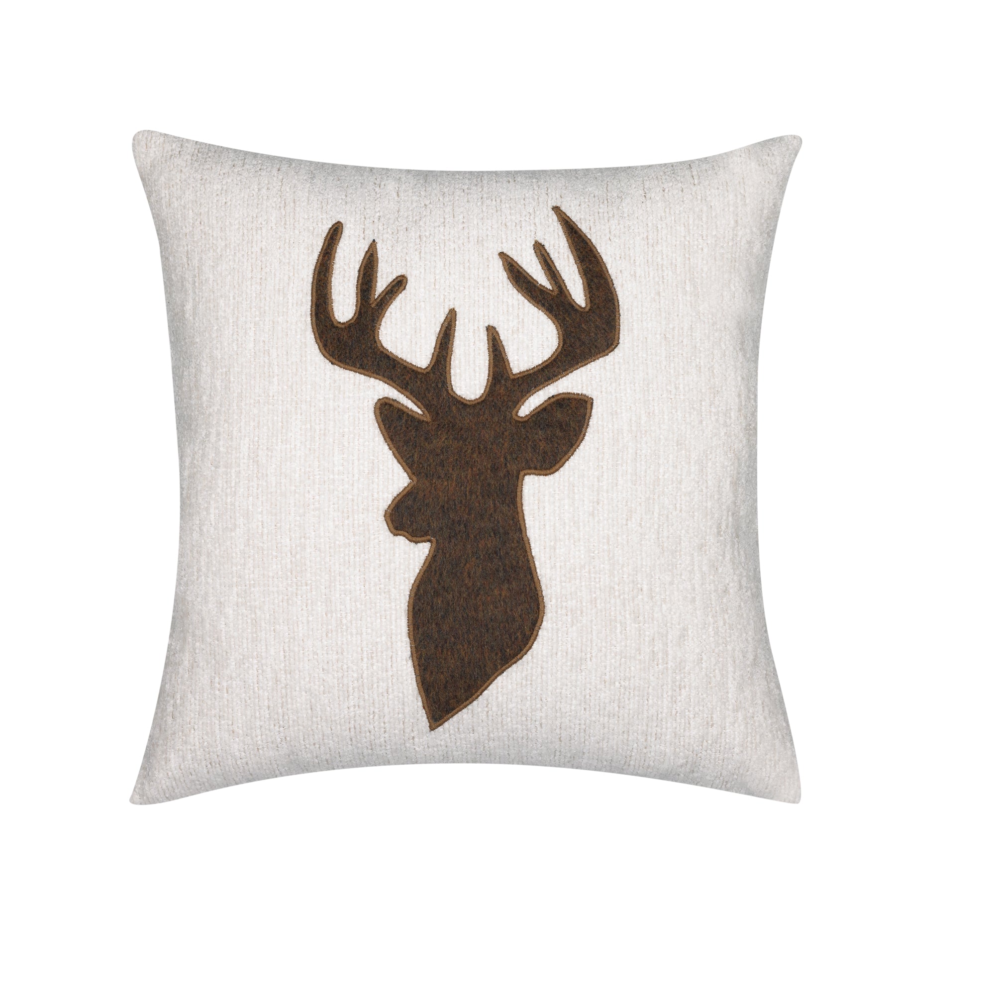 White outdoor pillow with deer silhouette, square size for festive outdoor styling by Elaine Smith