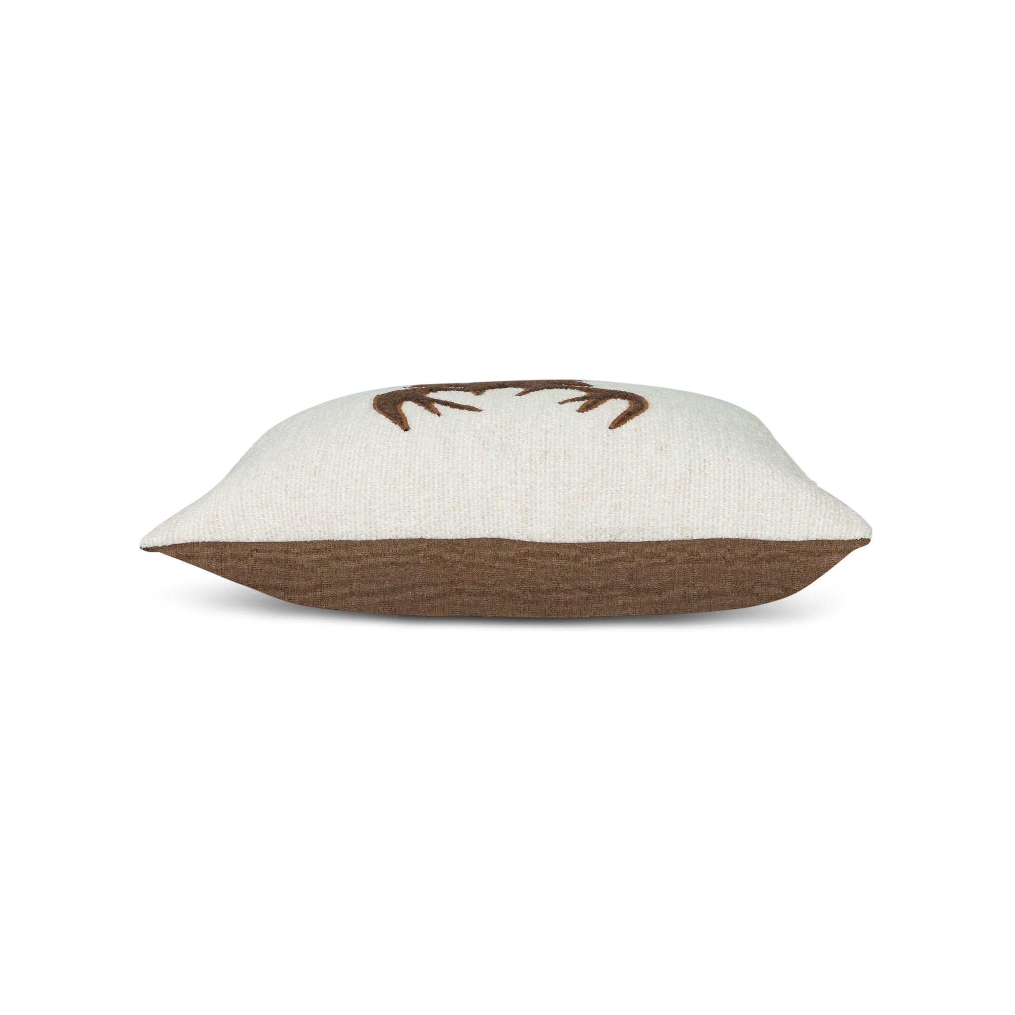 Side image of White outdoor pillow with deer silhouette, square size for festive outdoor styling by Elaine Smith