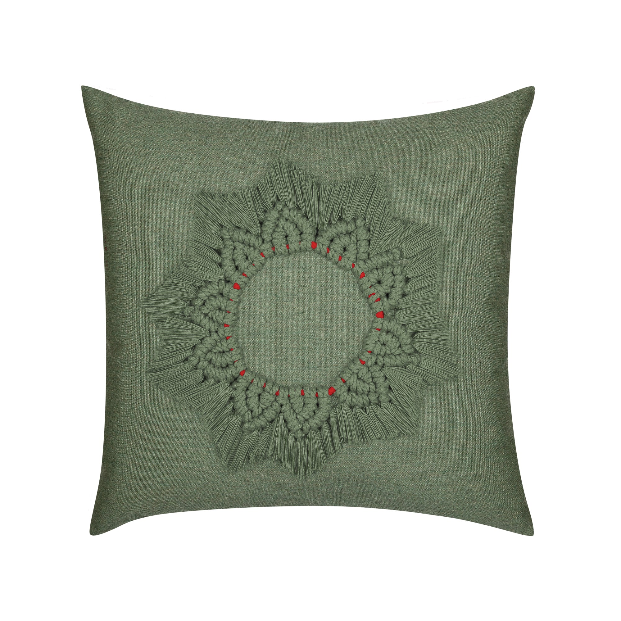 Green wreath motif pillow for seasonal indoor and outdoor décor.