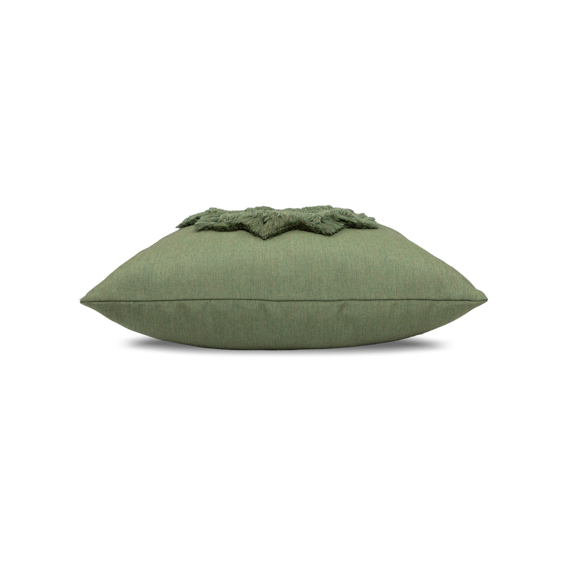 Side image of Green wreath motif pillow for seasonal indoor and outdoor décor.