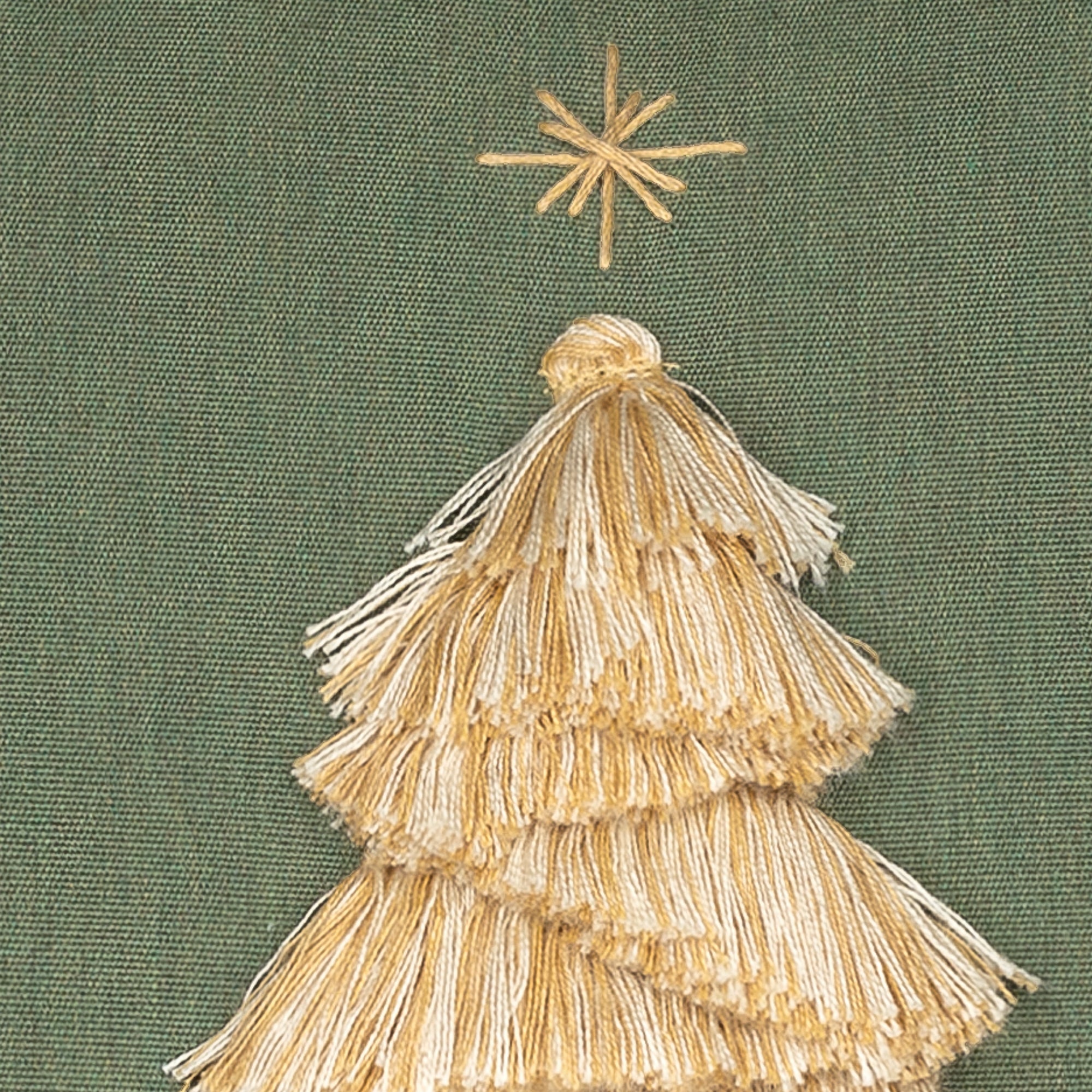 Detail image of Green outdoor pillow with holiday tree motif square size for festive patio decor