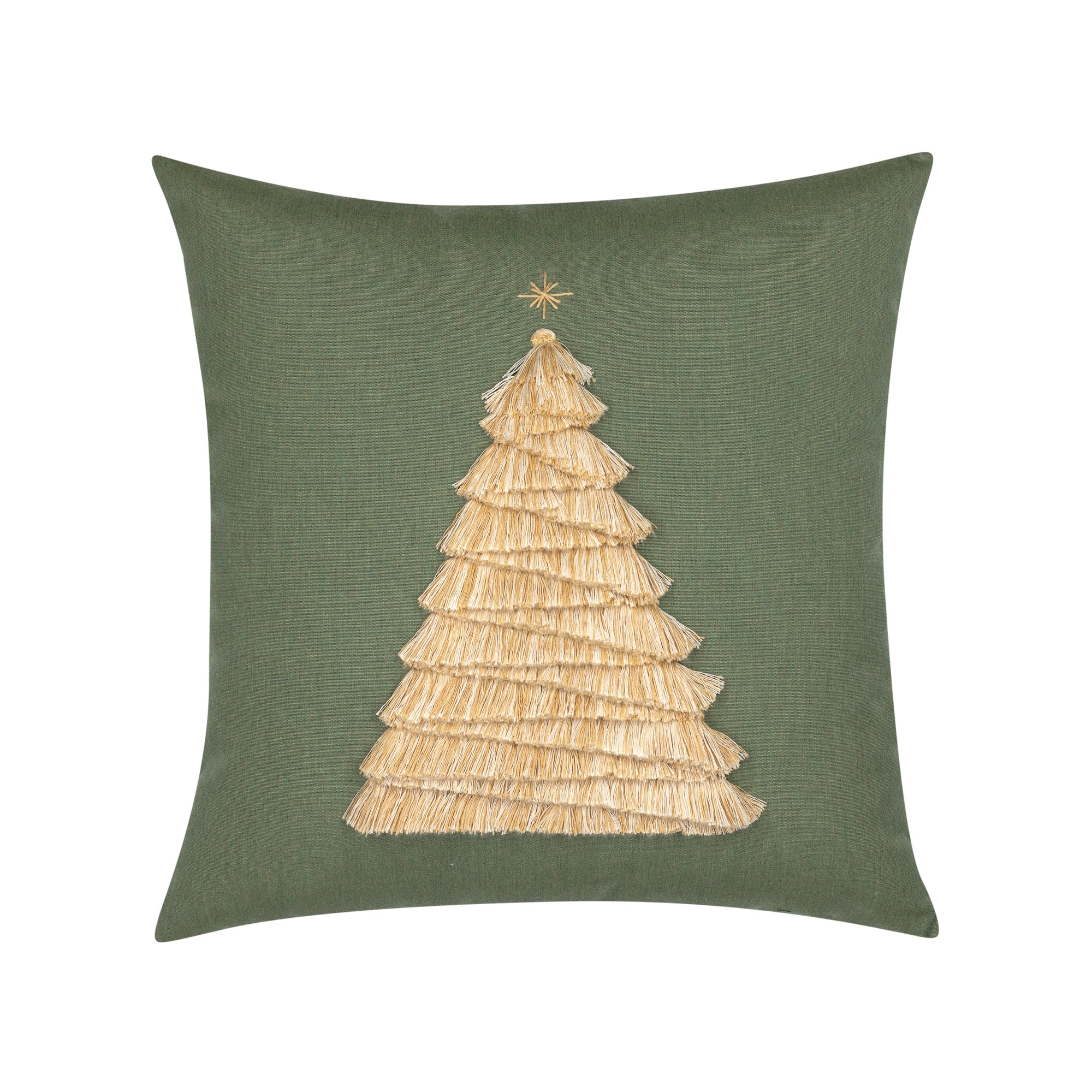 Green outdoor pillow with holiday tree motif square size for festive patio decor