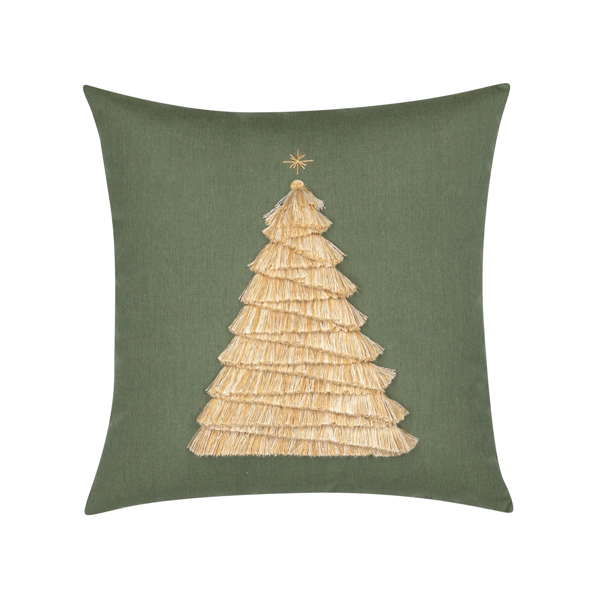 Green outdoor pillow with holiday tree motif square size for festive patio decor