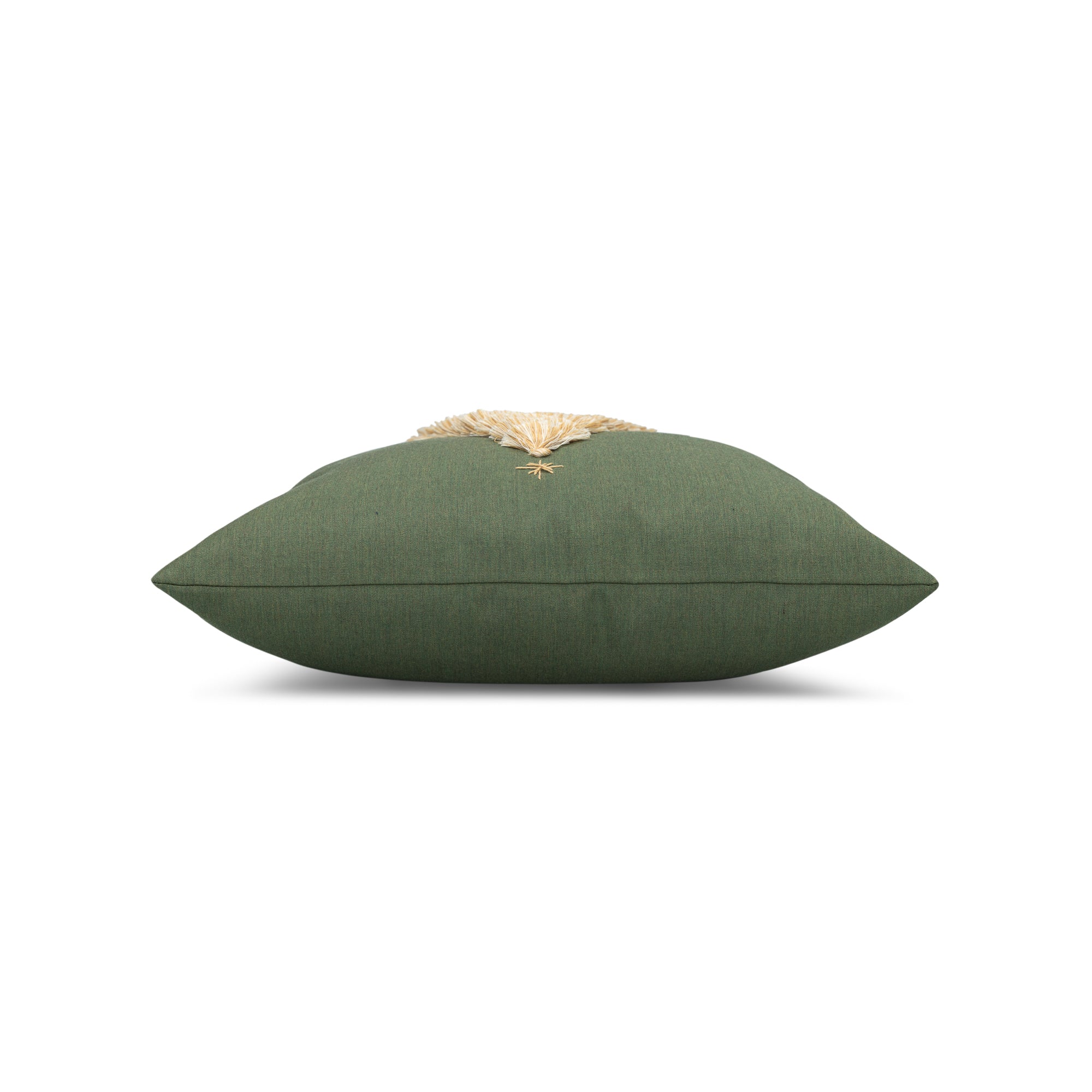 Side image of Green outdoor pillow with holiday tree motif square size for festive patio decor