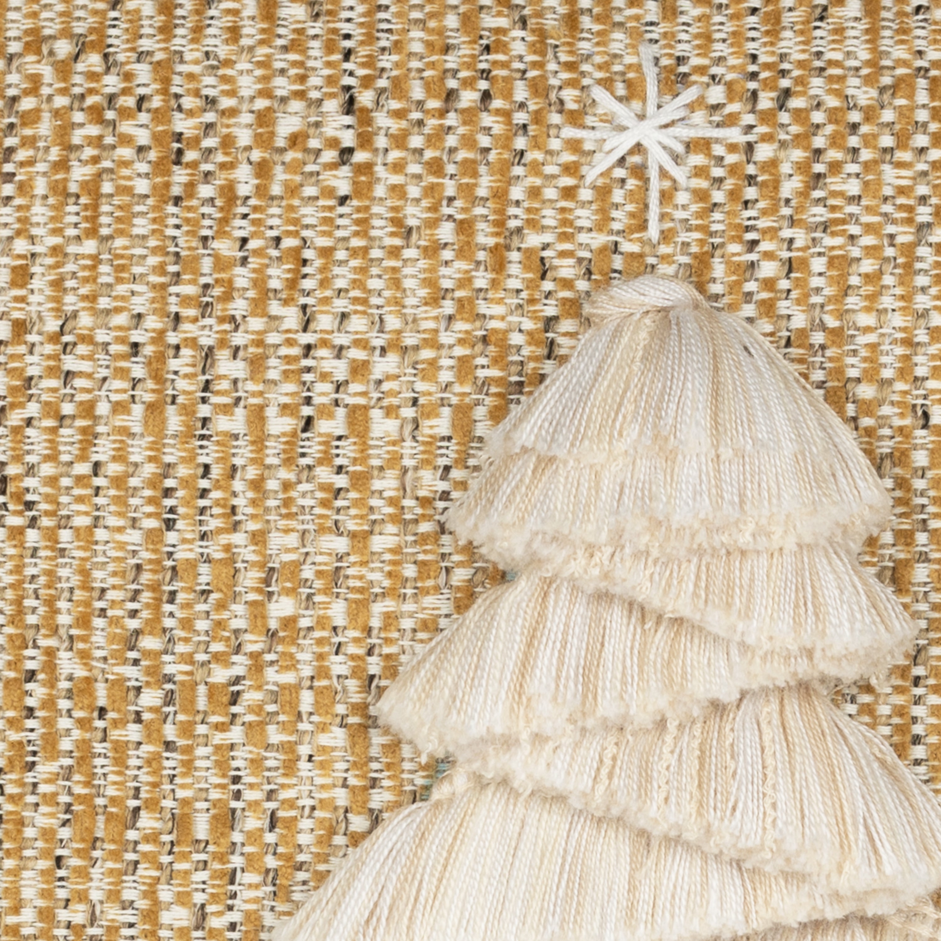 Detail image of Gold textured outdoor pillow with holiday tree motif square size for seasonal patio decor by Elaine Smith